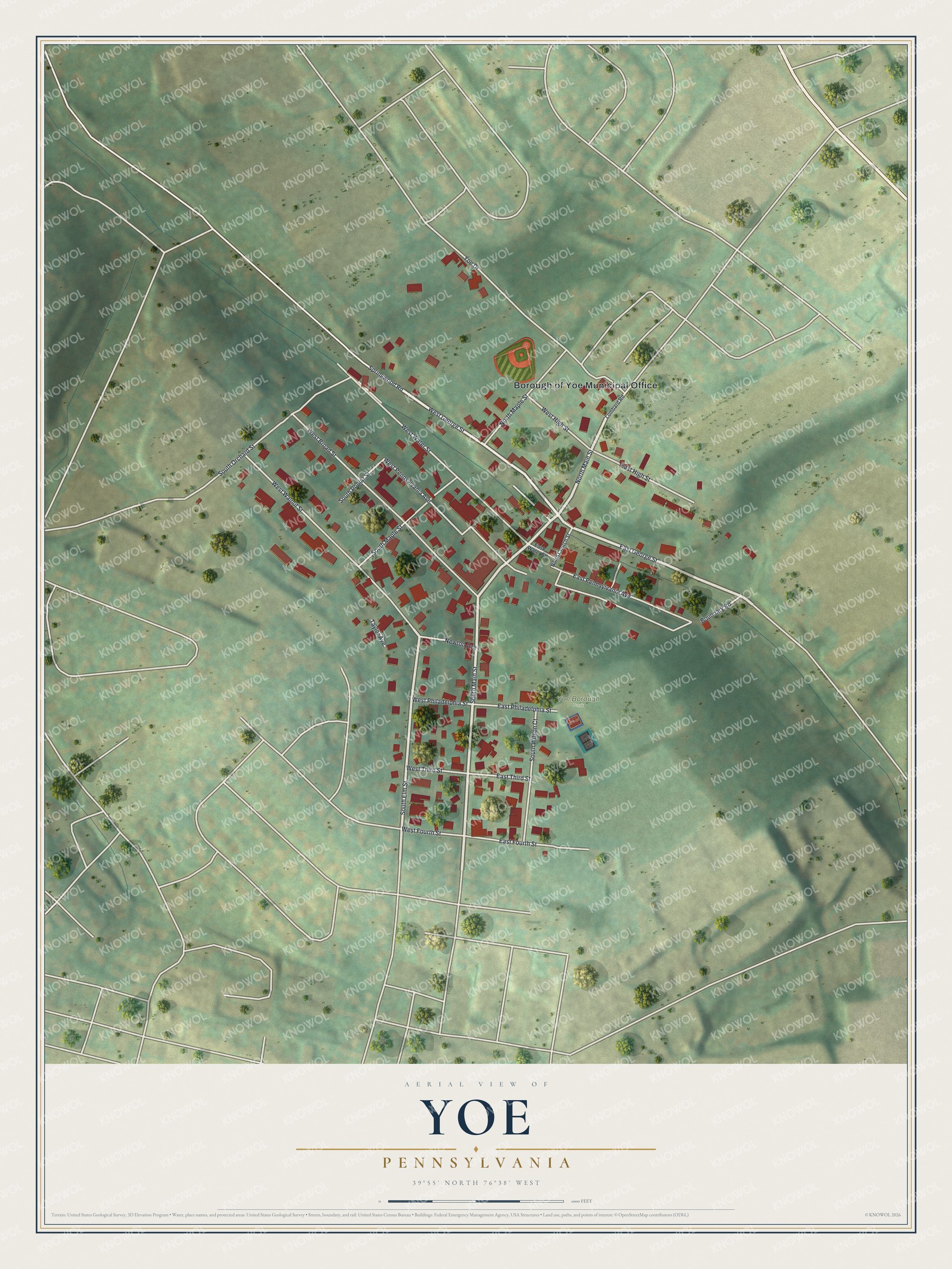 Full map of Yoe, Pennsylvania, with red buildings, printed street names and the land around them
