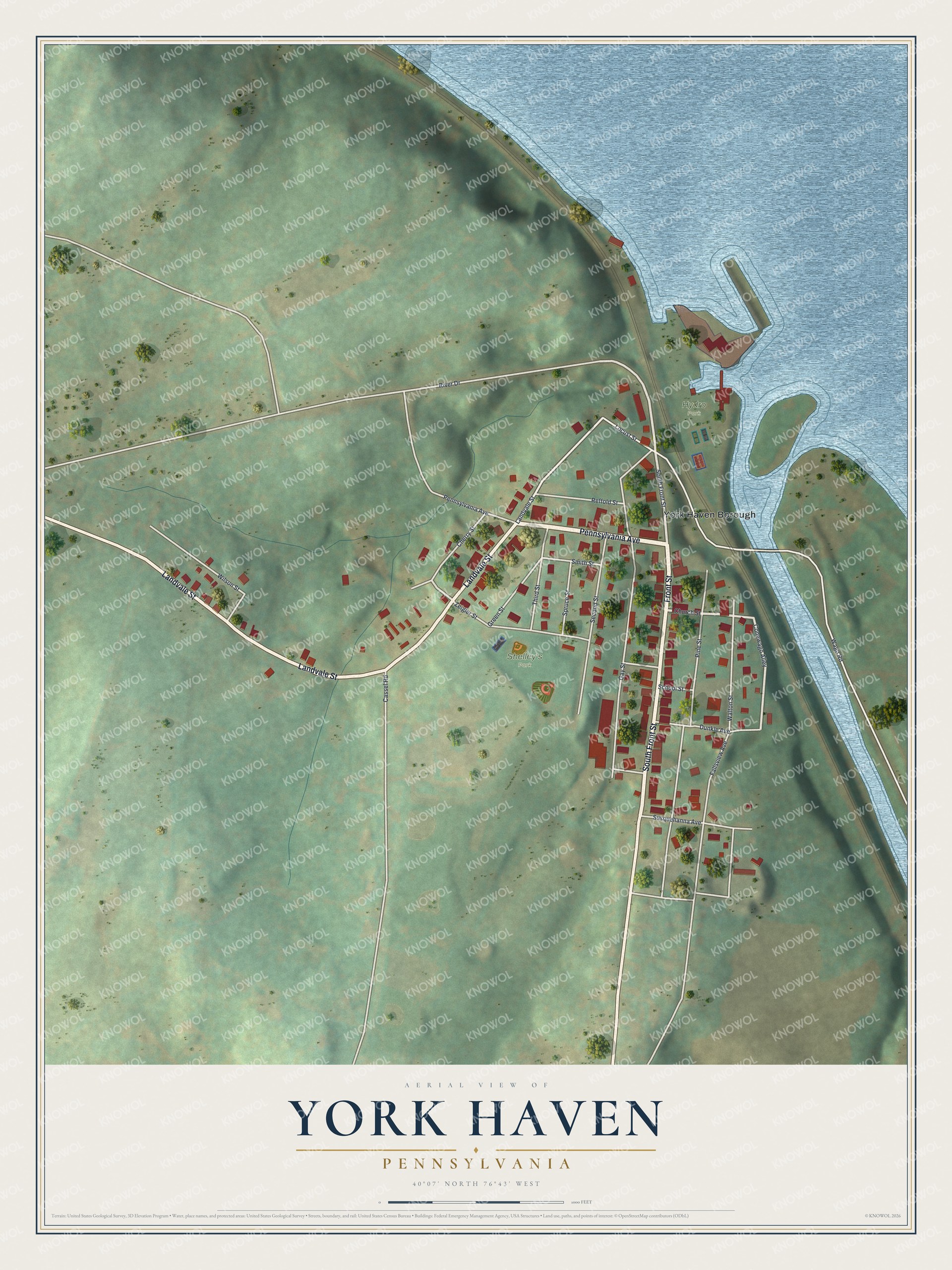 Full map of York Haven, Pennsylvania, with red buildings, printed street names and the land around them