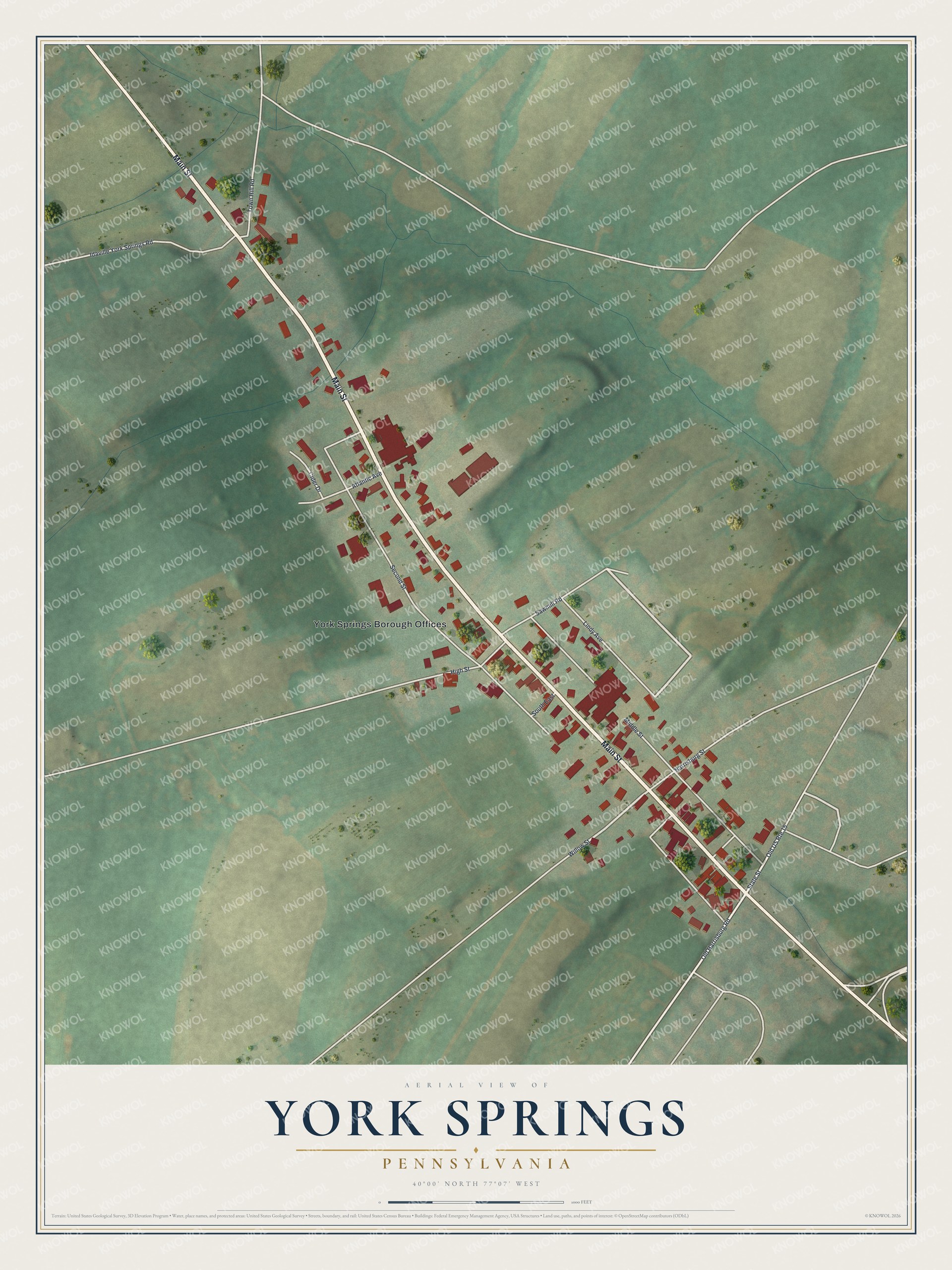 Full map of York Springs, Pennsylvania, with red buildings, printed street names and the land around them