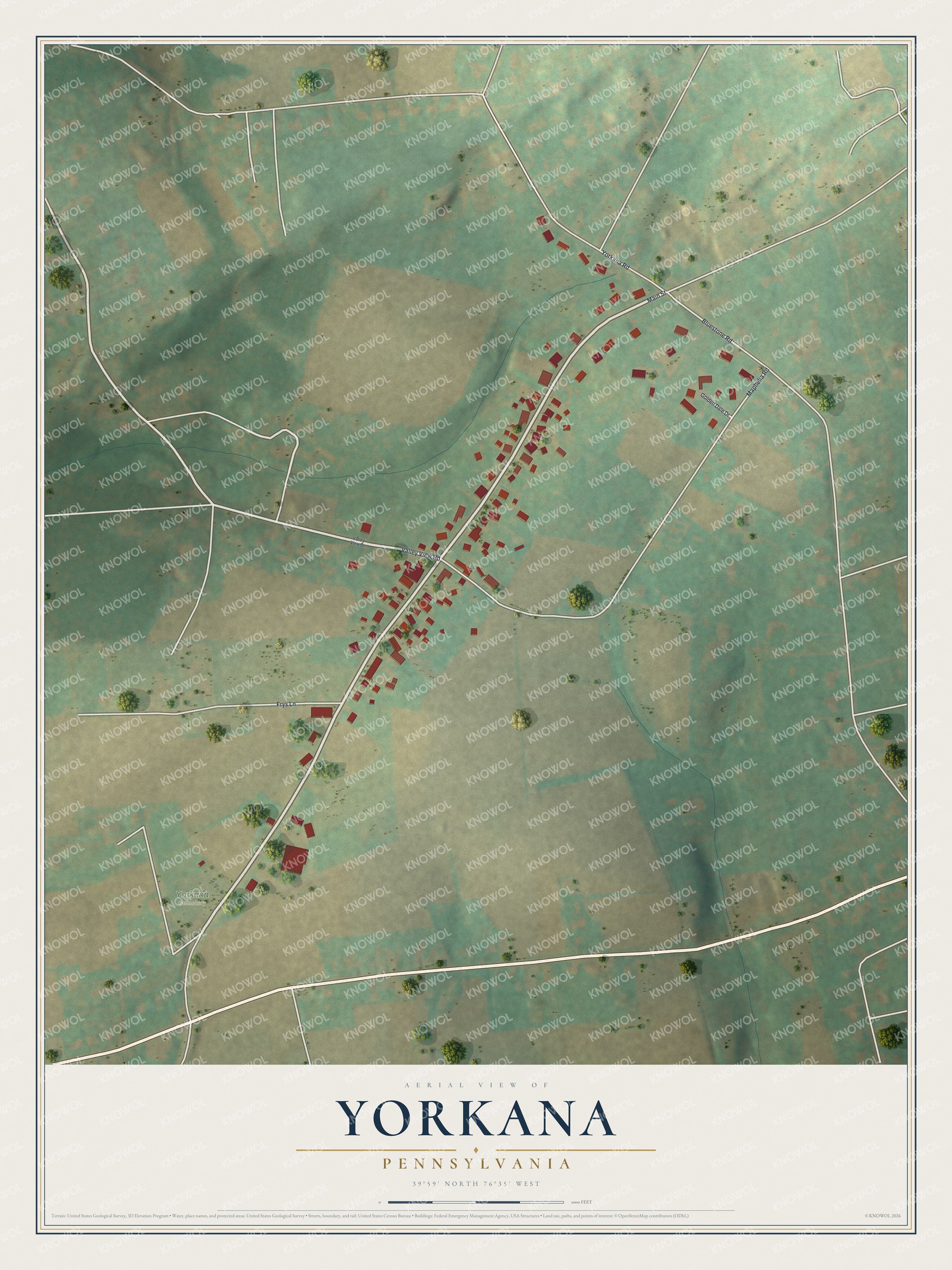 Full map of Yorkana, Pennsylvania, with red buildings, printed street names and the land around them