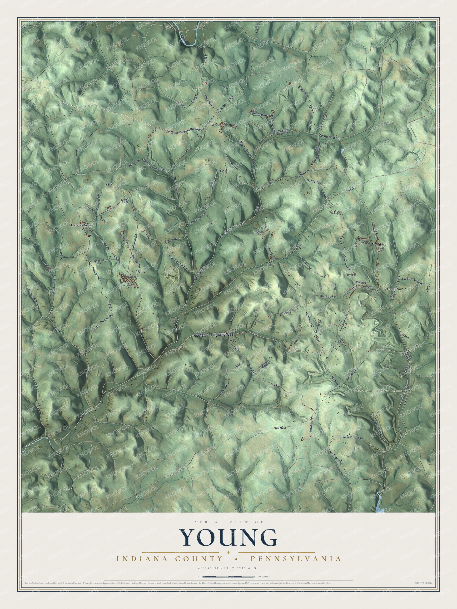 Full map of Young, Indiana County, Pennsylvania, with red buildings, printed street names and the land around them