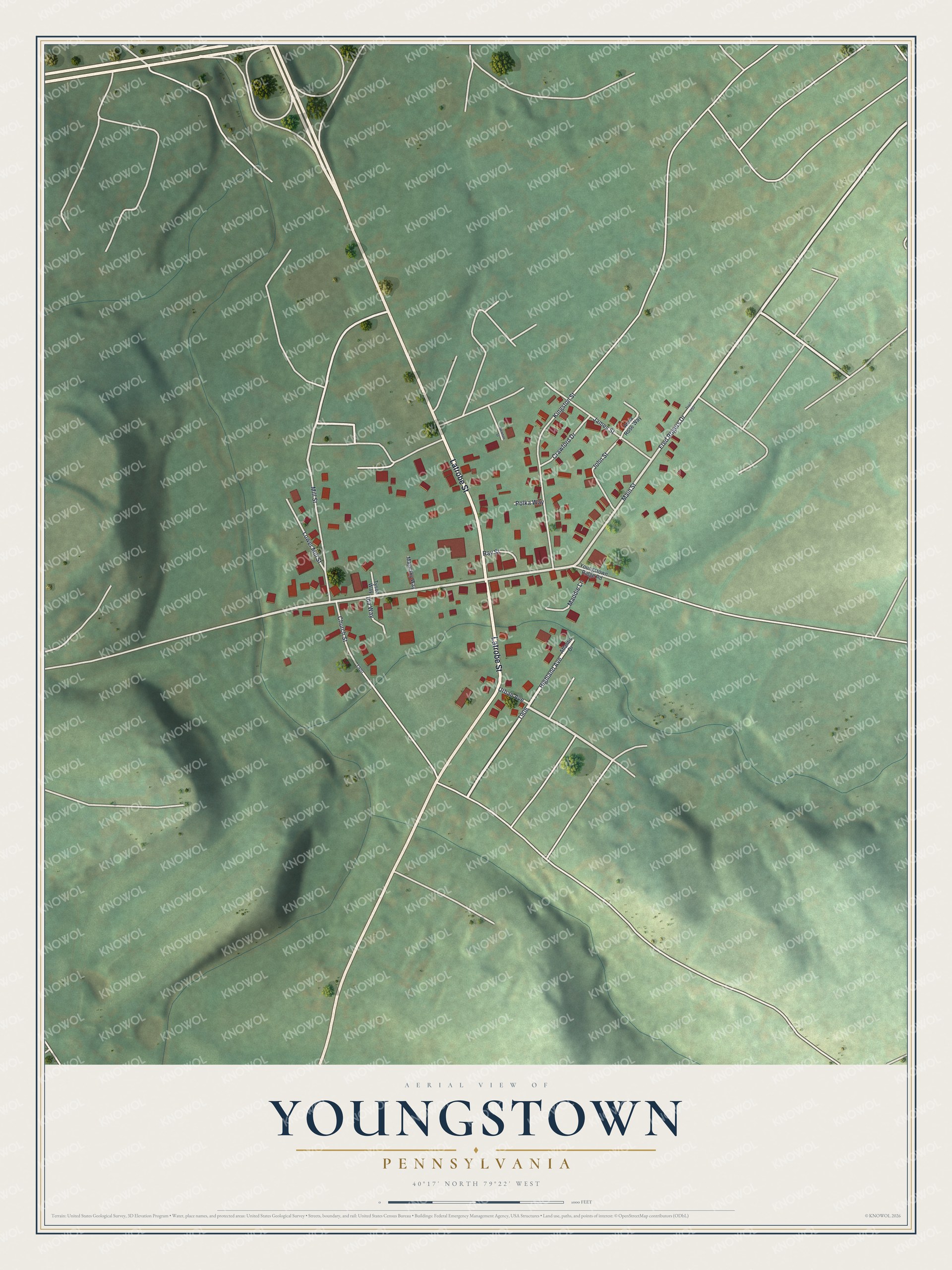 Full map of Youngstown, Pennsylvania, with red buildings, printed street names and the land around them