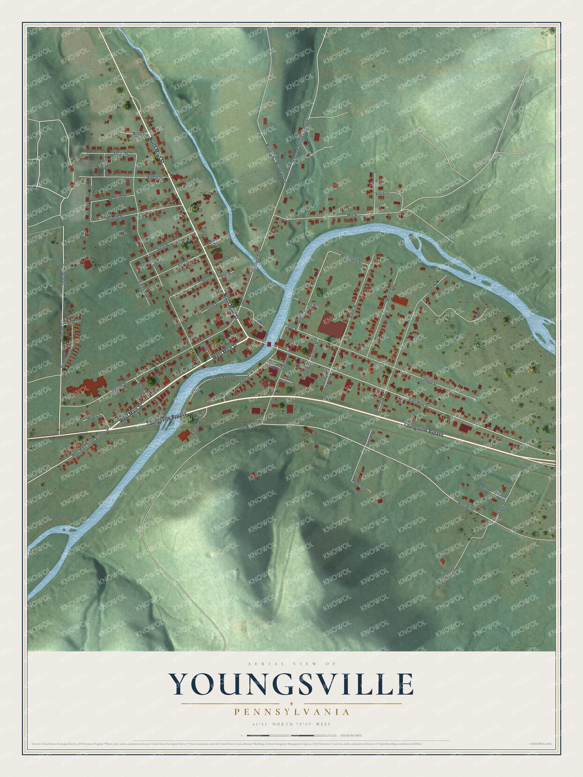 Full map of Youngsville, Pennsylvania, with red buildings, printed street names and the land around them