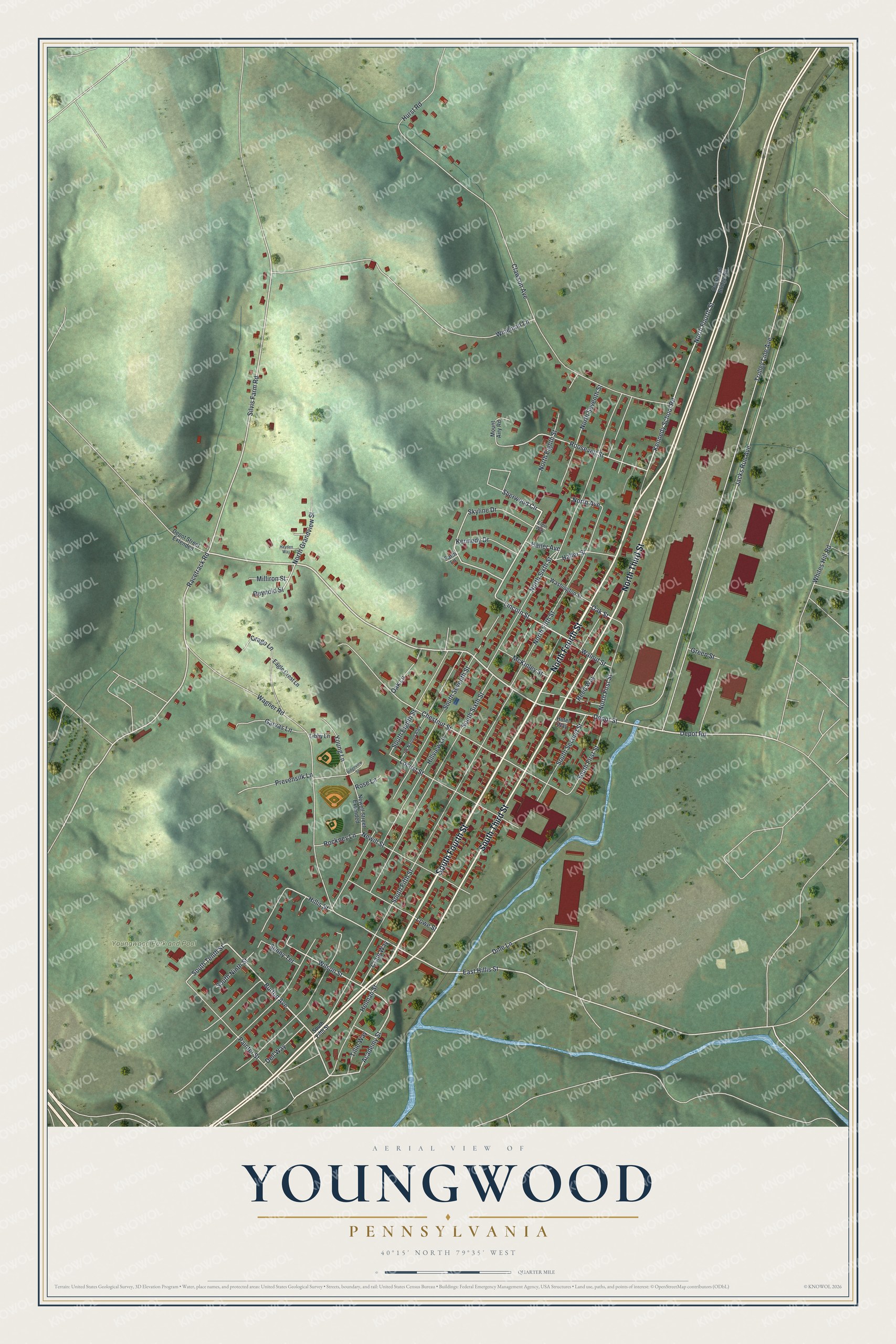 Full map of Youngwood, Pennsylvania, with red buildings, printed street names and the land around them