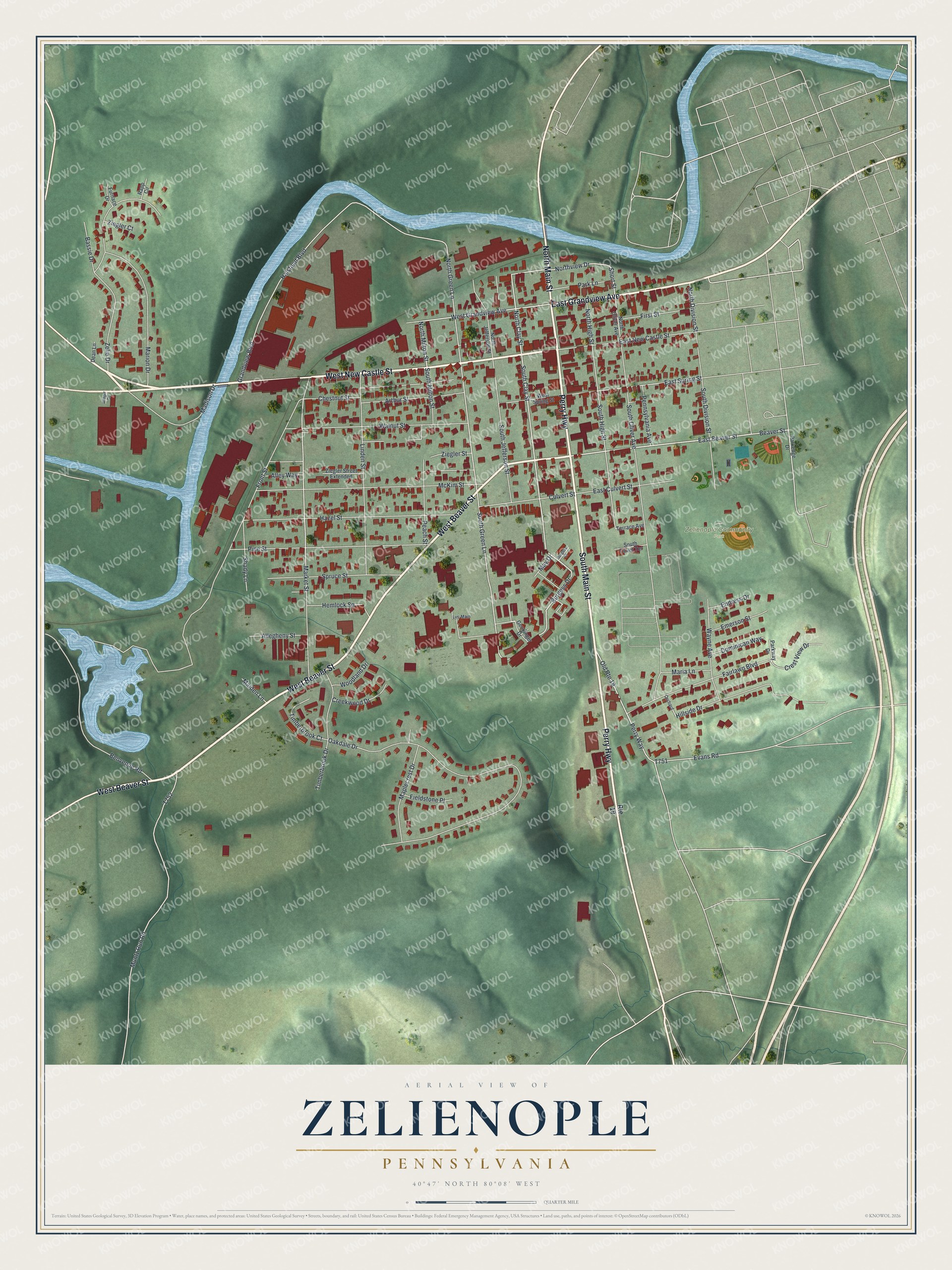 Full map of Zelienople, Pennsylvania, with red buildings, printed street names and the land around them
