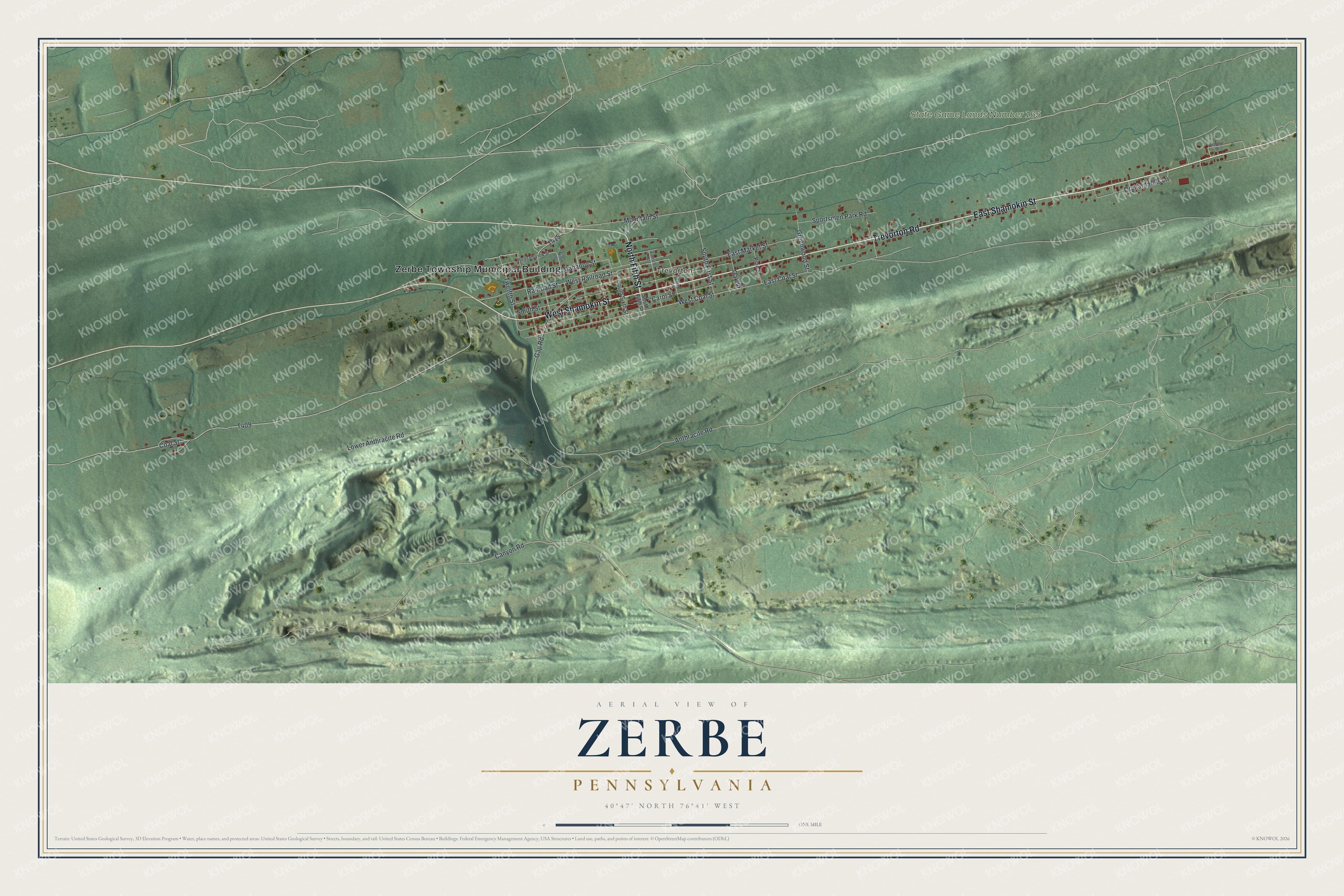 Full map of Zerbe, Pennsylvania, with red buildings, printed street names and the land around them