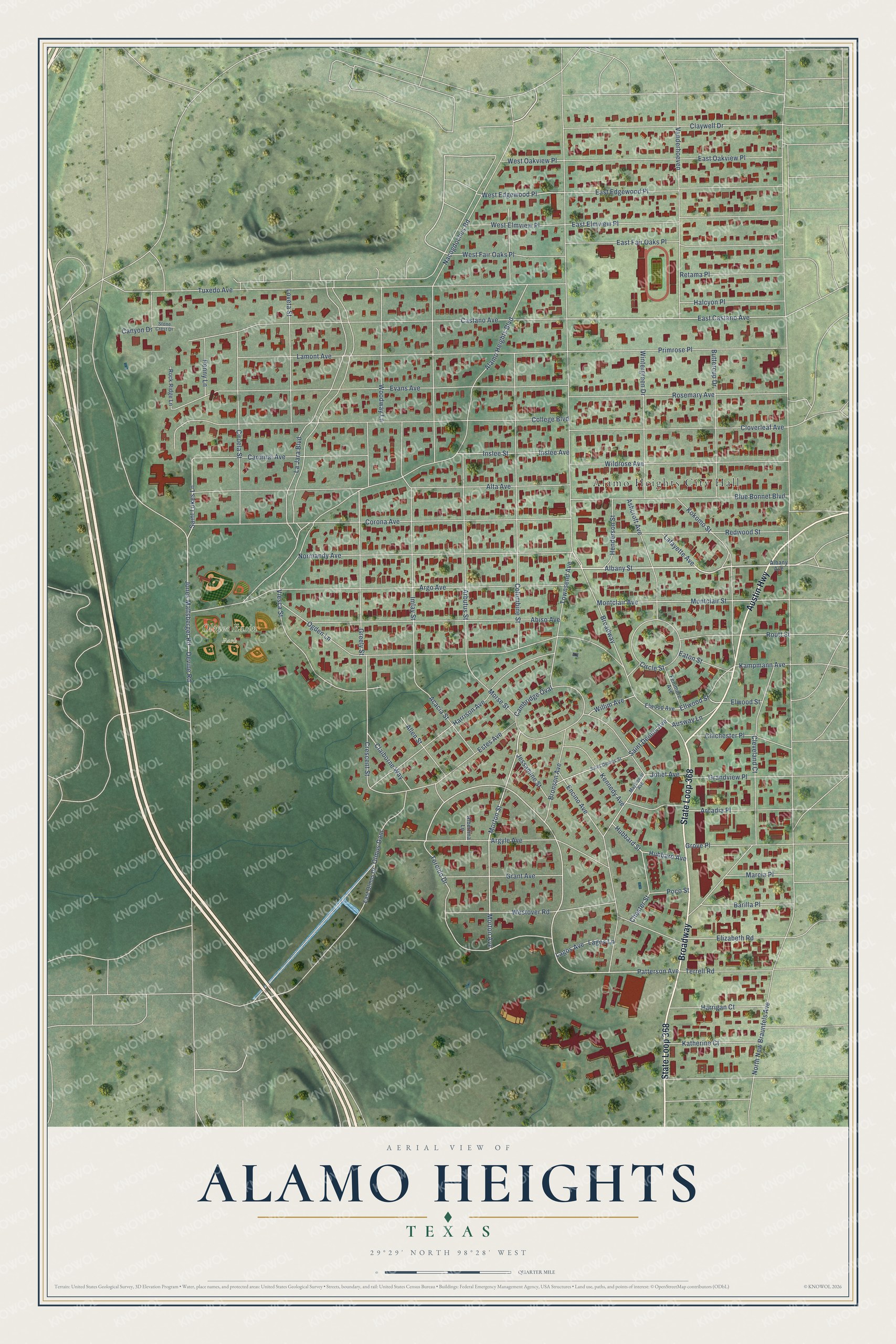 Full map of Alamo Heights, Texas, with red buildings, printed street names and the land around them