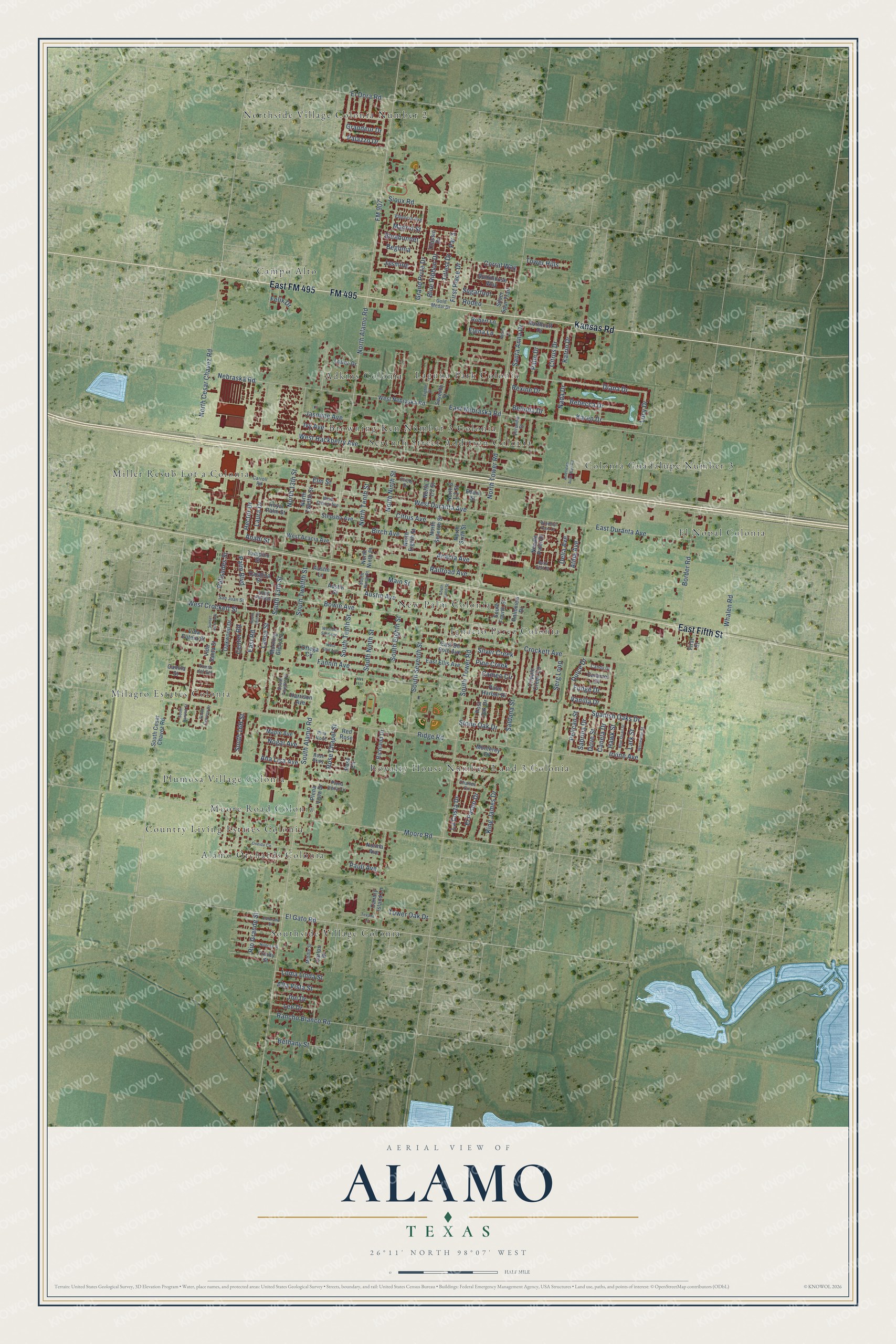 Full map of Alamo, Texas, with red buildings, printed street names and the land around them