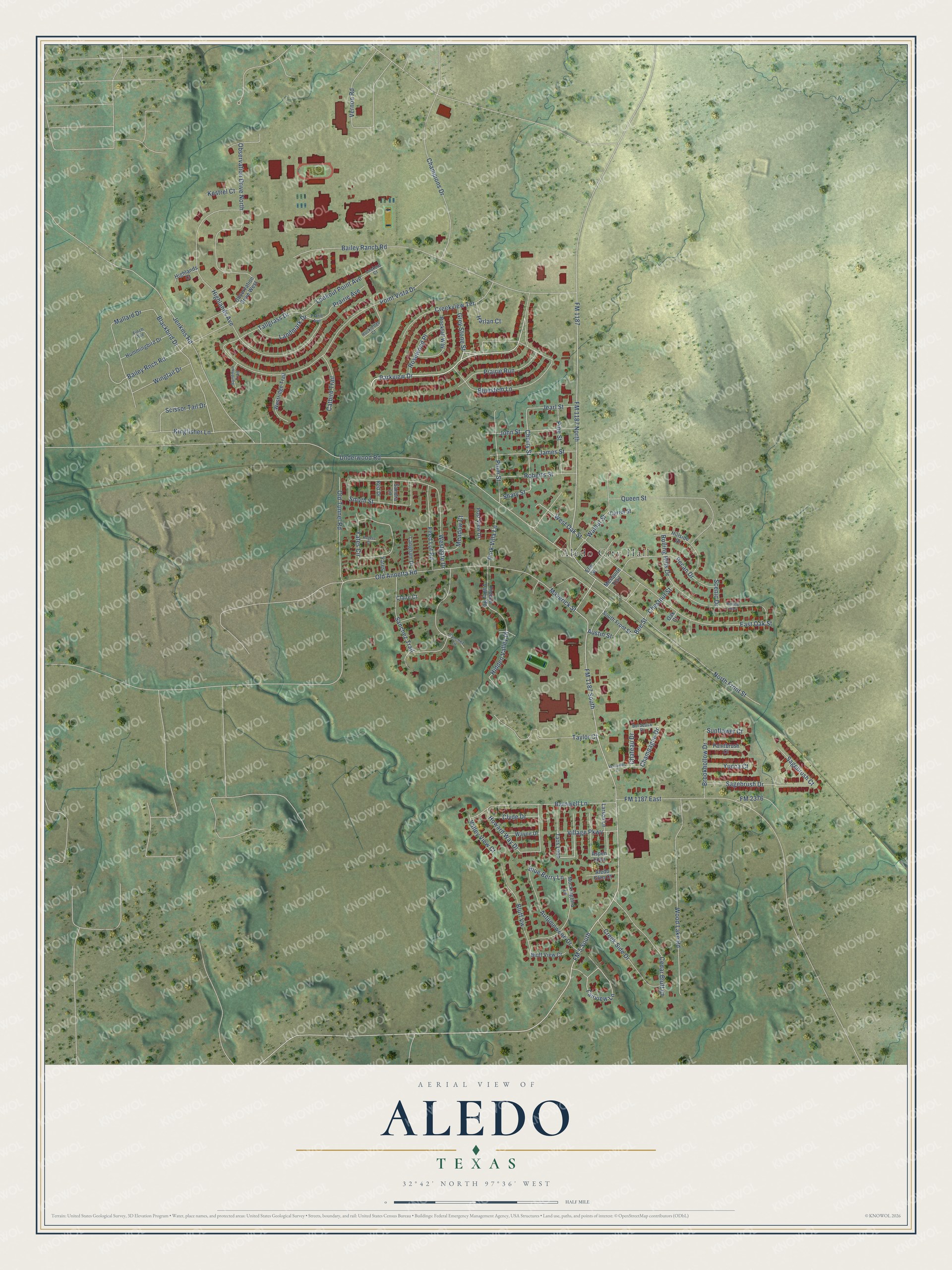 Full map of Aledo, Texas, with red buildings, printed street names and the land around them