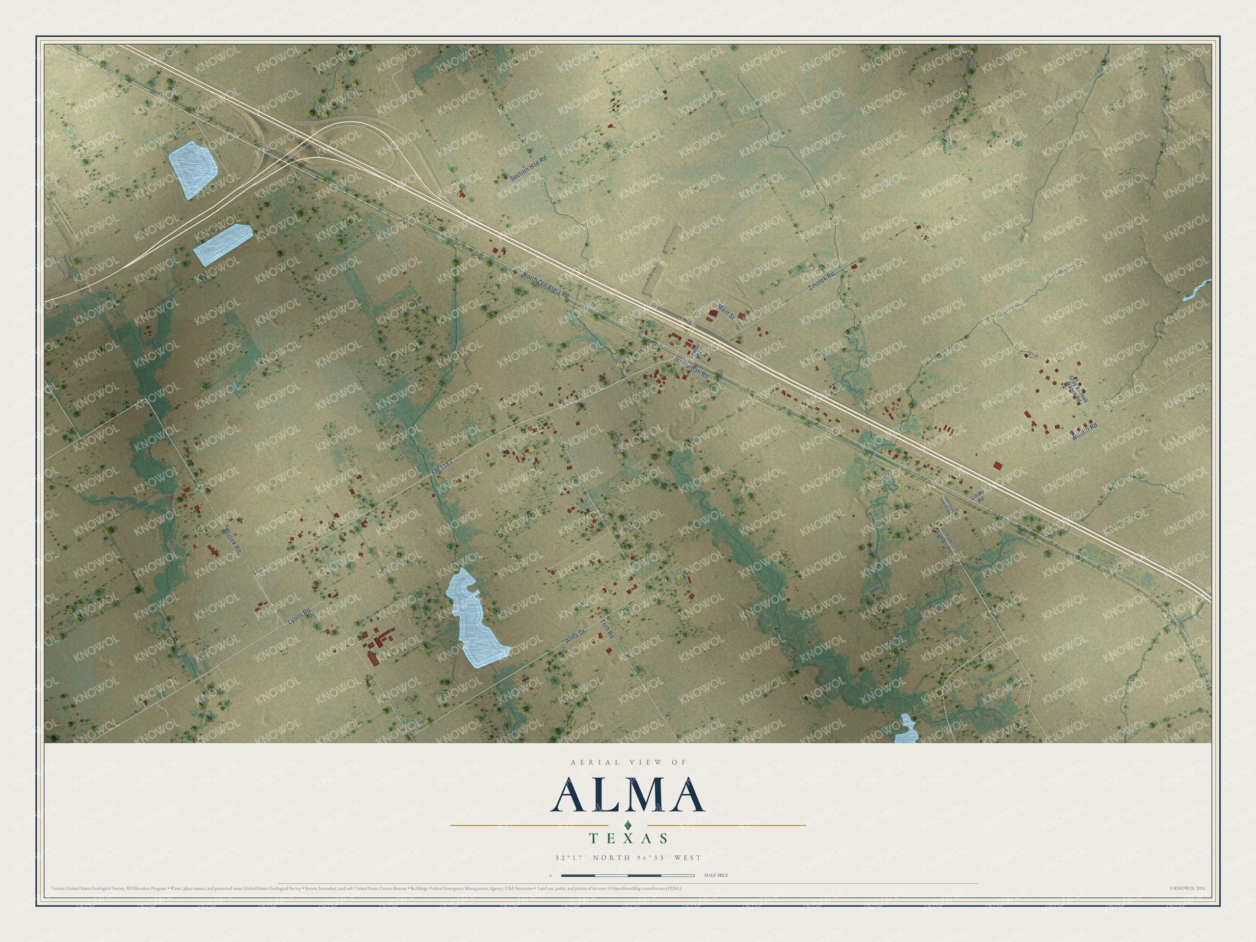 Watermarked full-map preview of Alma, Texas