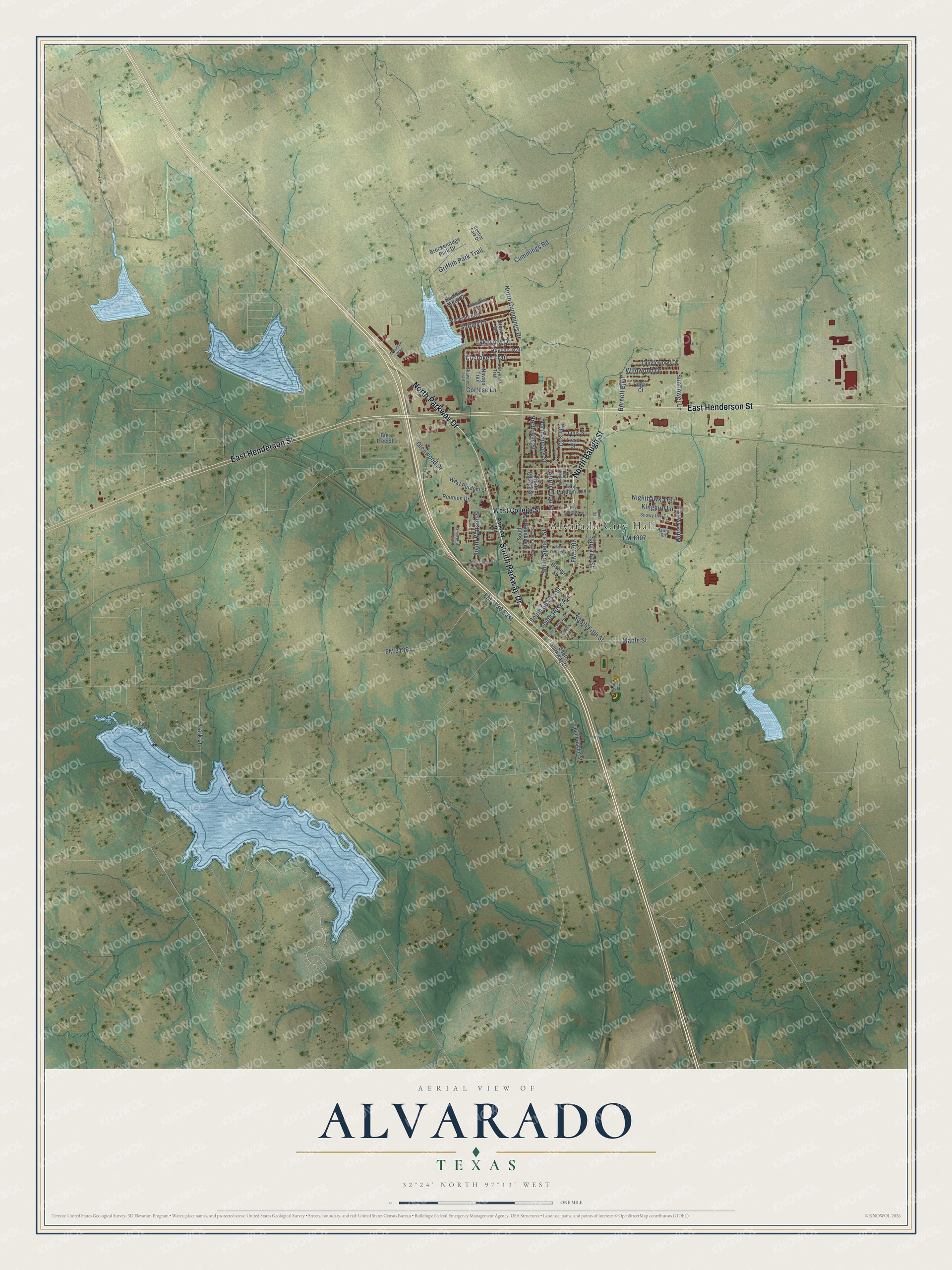Full map of Alvarado, Texas, with red buildings, printed street names and the land around them