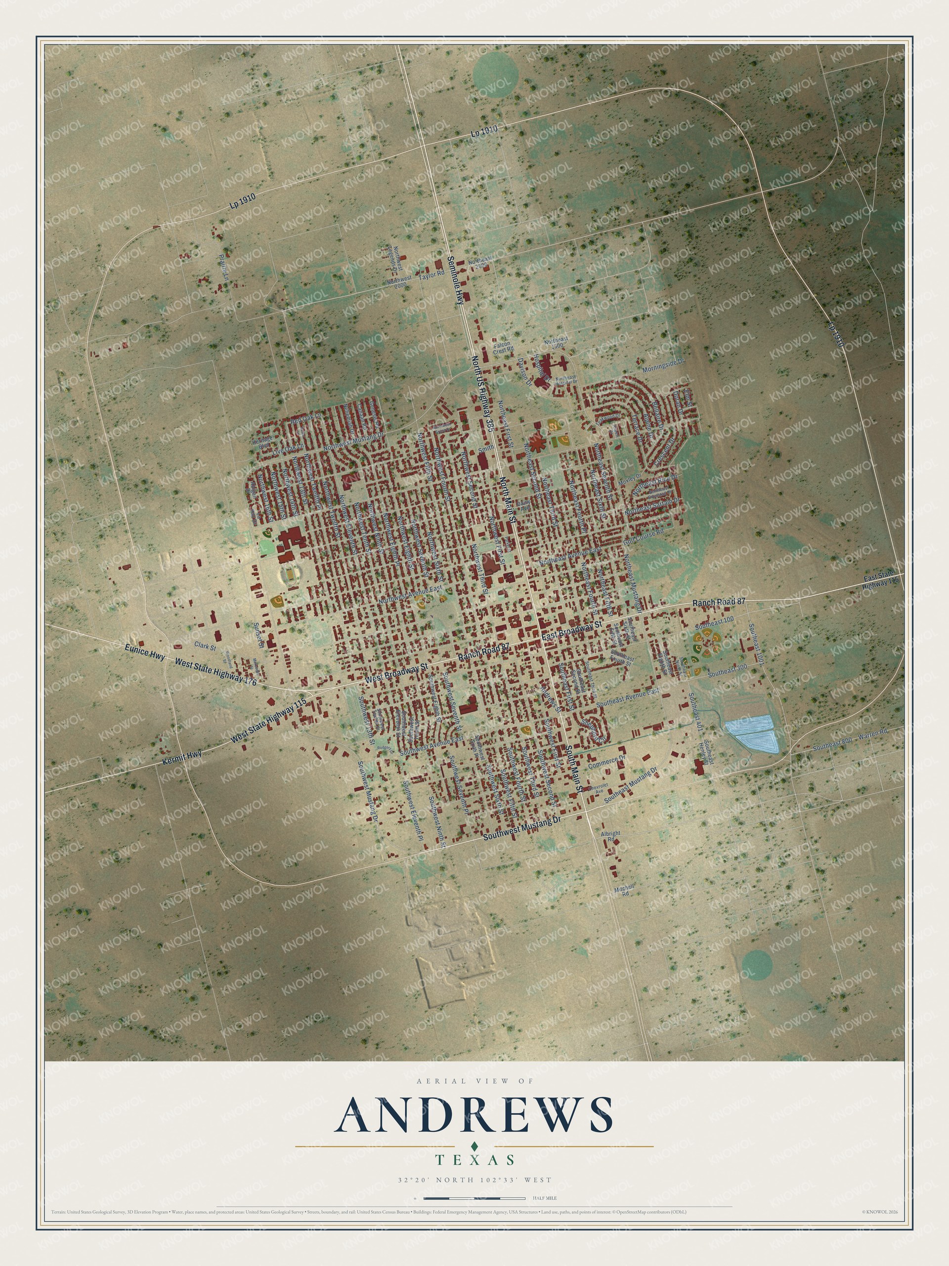 Full map of Andrews, Texas, with red buildings, printed street names and the land around them