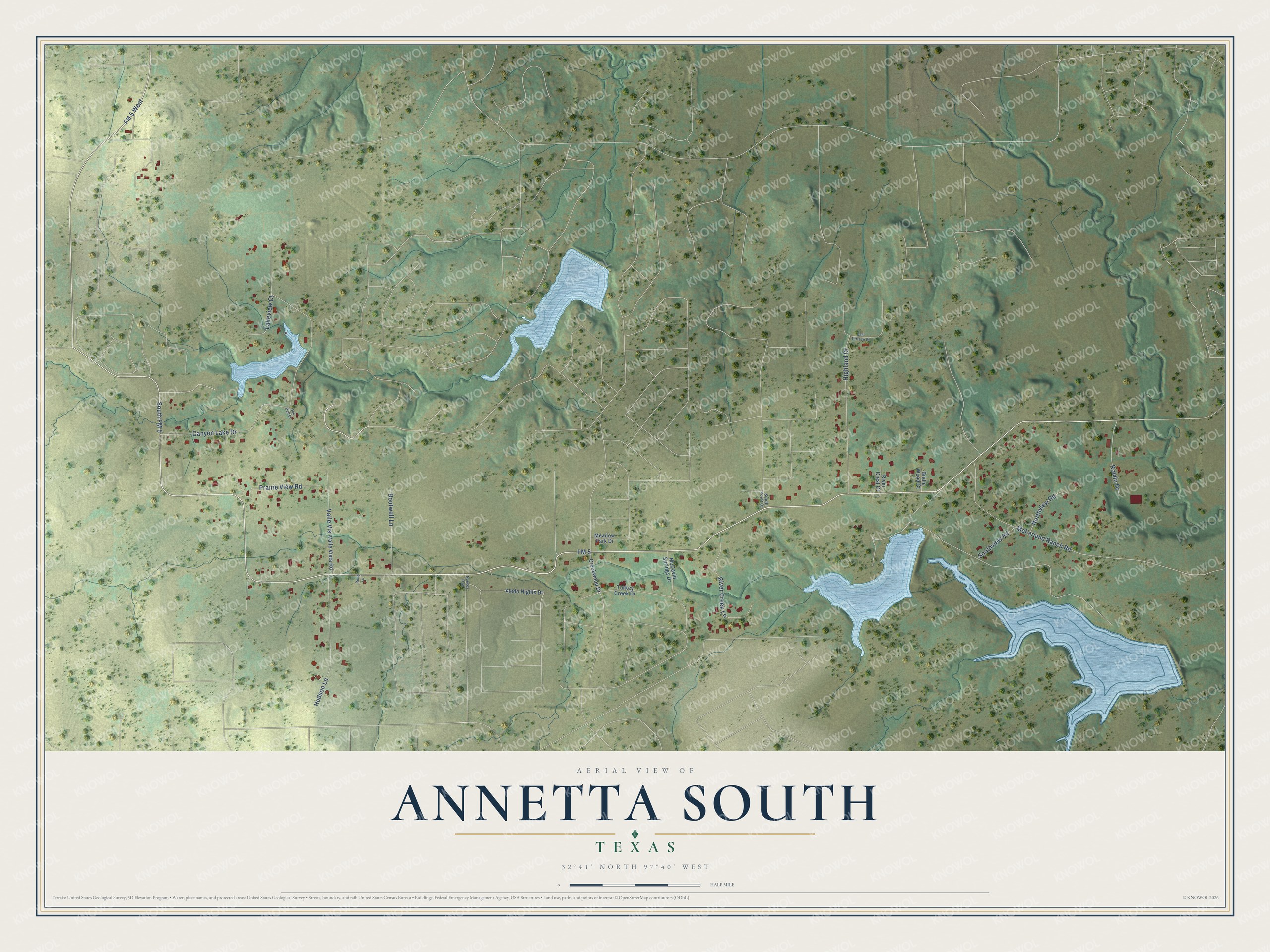 Full map of Annetta South, Texas, with red buildings, printed street names and the land around them