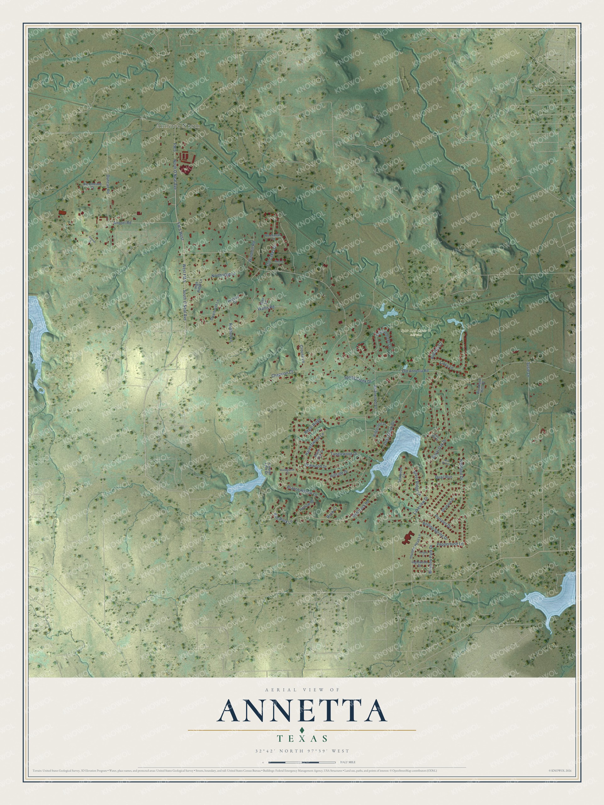 Full map of Annetta, Texas, with red buildings, printed street names and the land around them