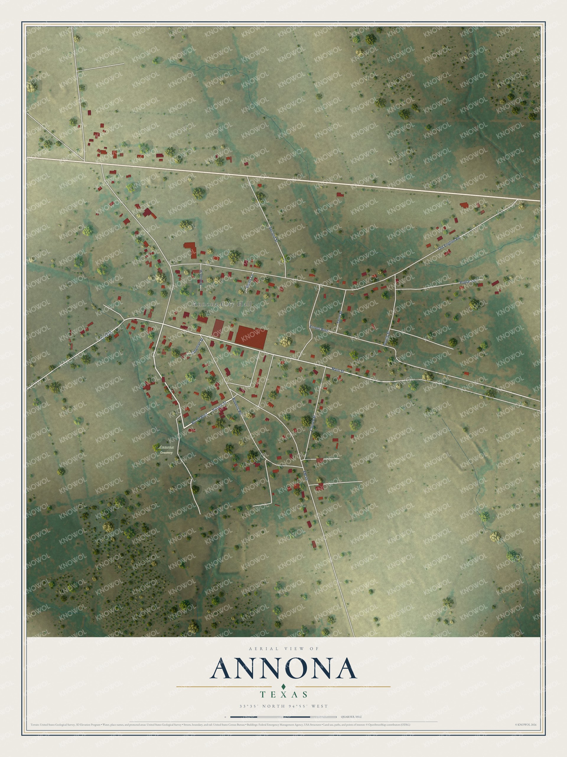 Full map of Annona, Texas, with red buildings, printed street names and the land around them