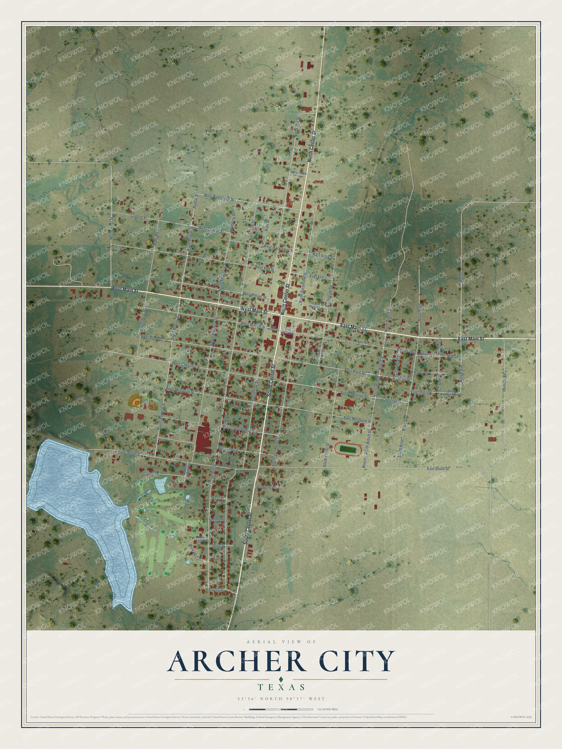 Full map of Archer City, Texas, with red buildings, printed street names and the land around them