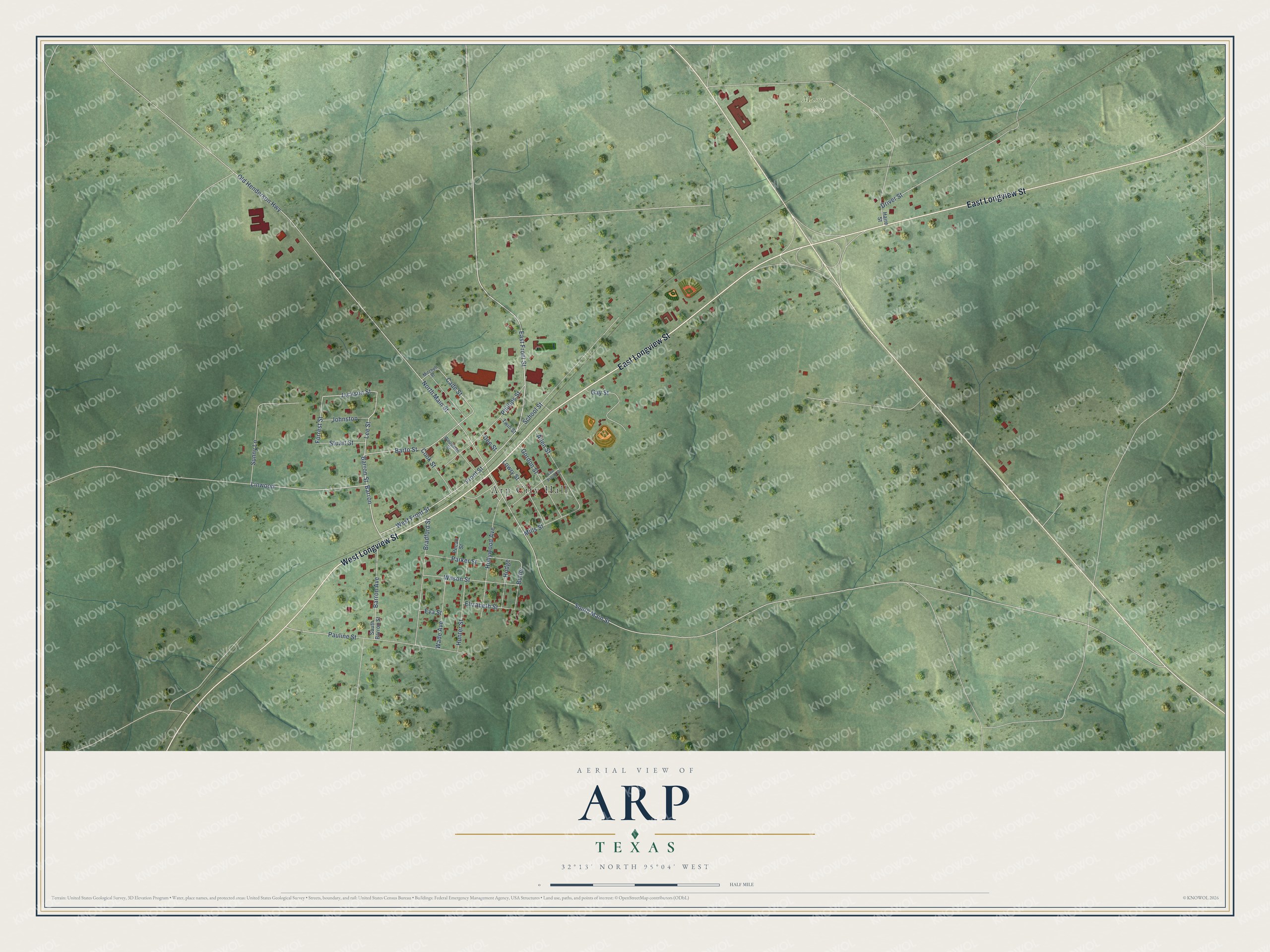 Full map of Arp, Texas, with red buildings, printed street names and the land around them