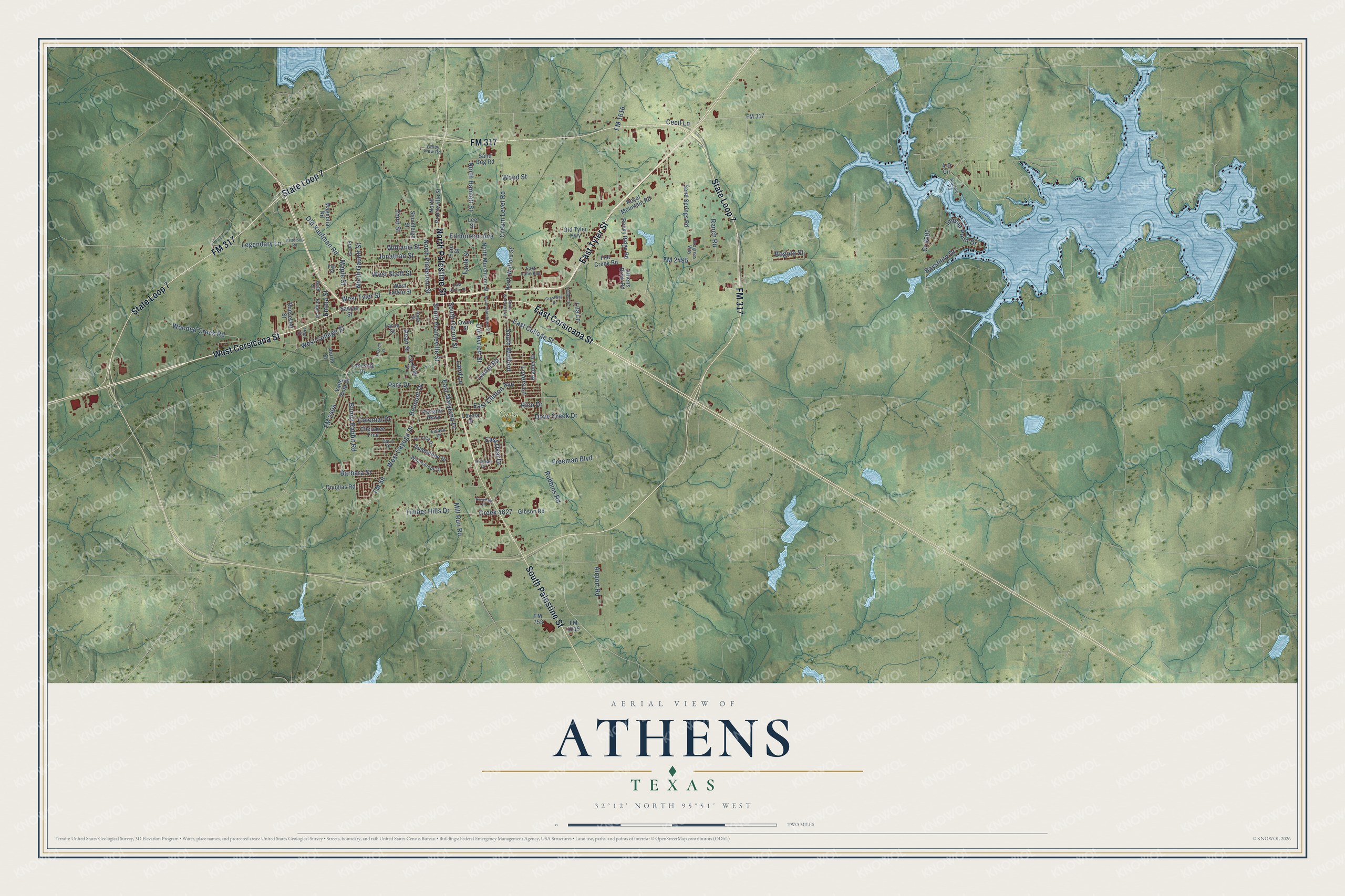 Full map of Athens, Texas, with red buildings, printed street names and the land around them