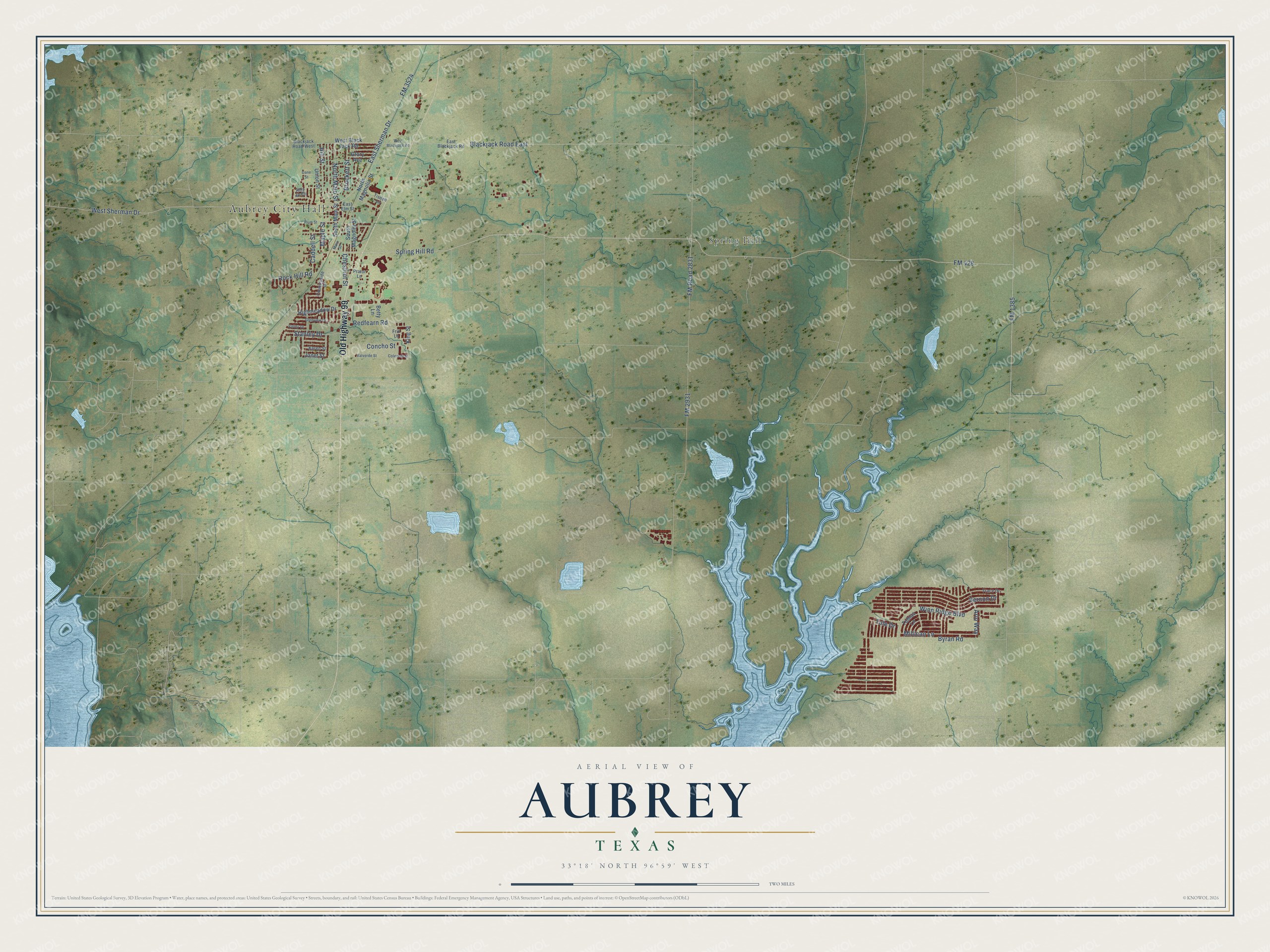 Full map of Aubrey, Texas, with red buildings, printed street names and the land around them