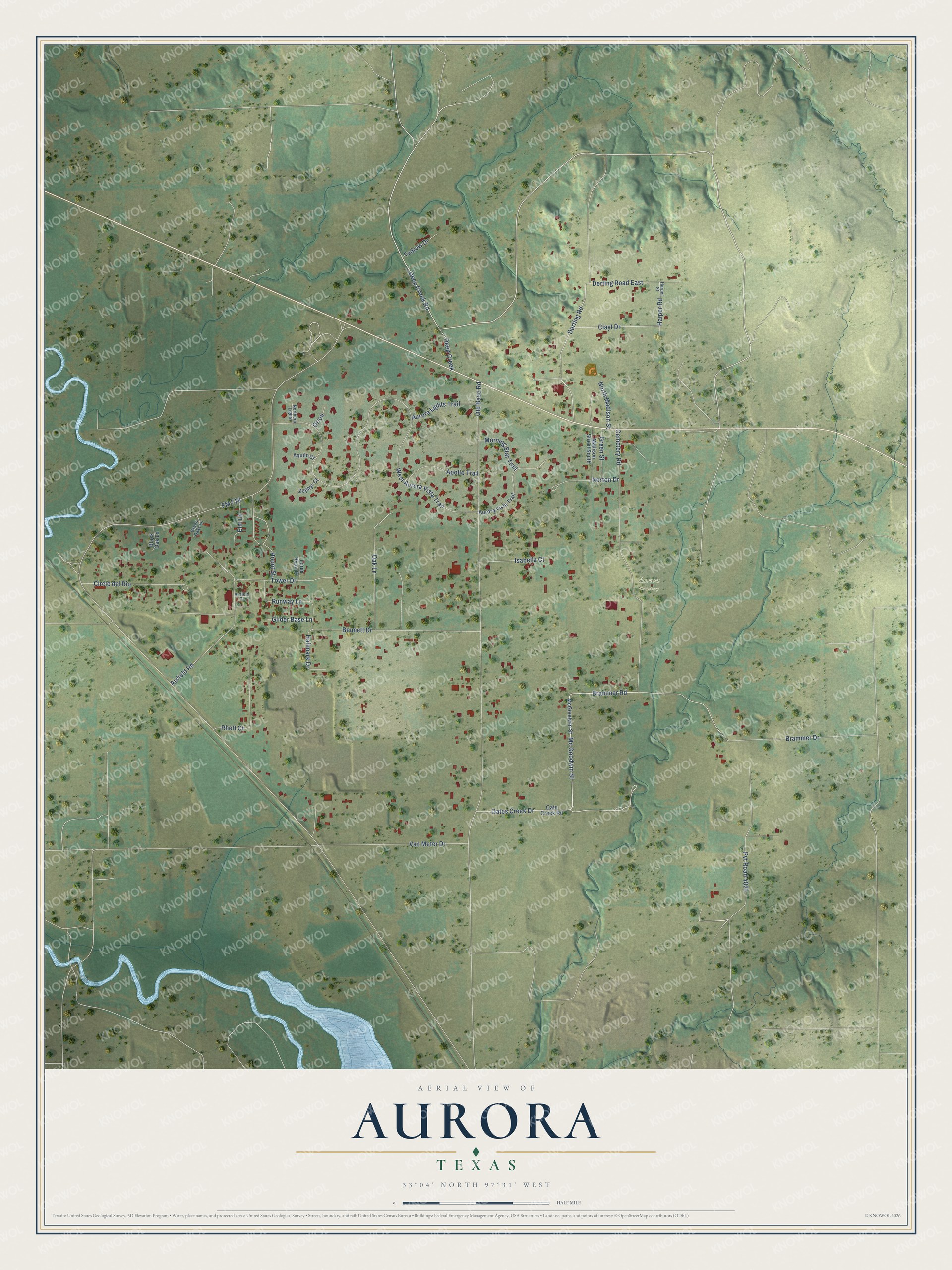 Watermarked full-map preview of Aurora, Texas