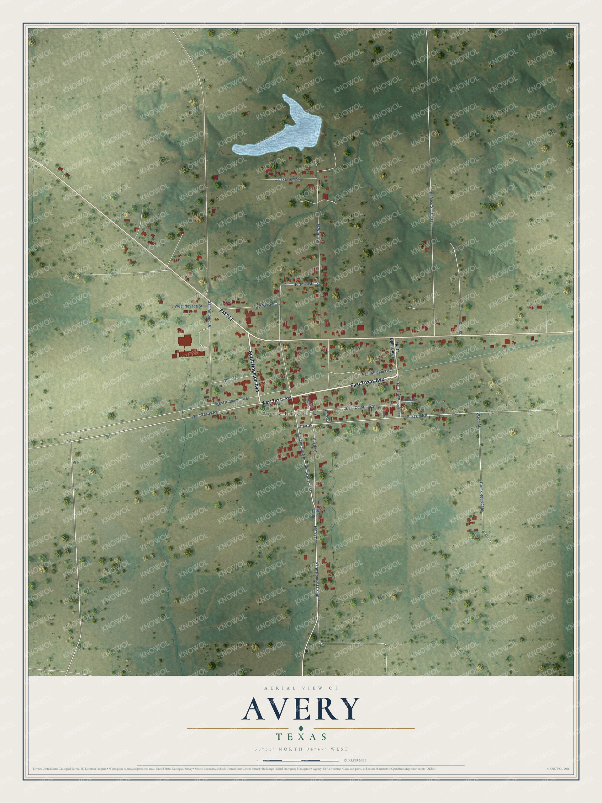 Watermarked full-map preview of Avery, Texas