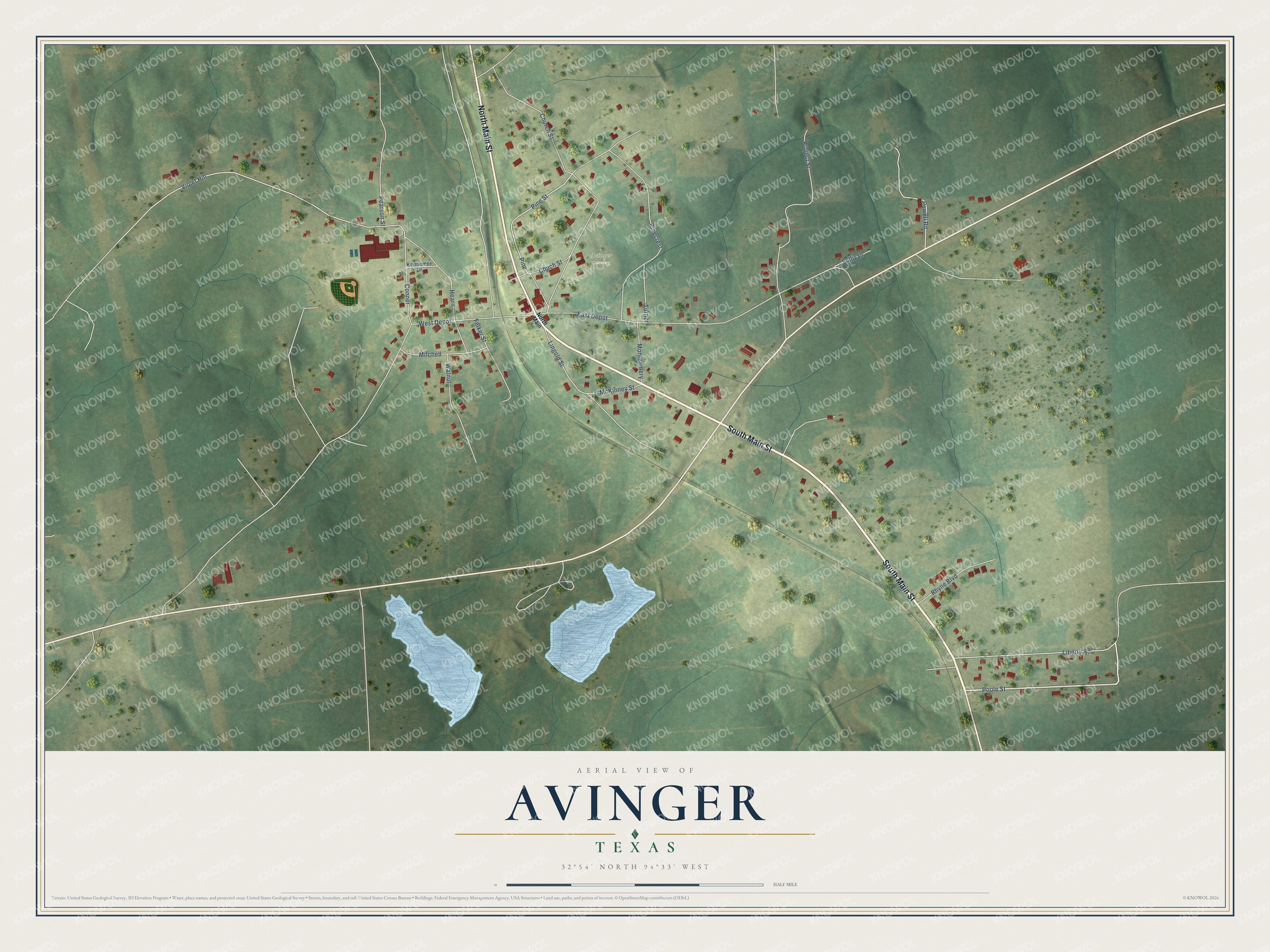 Watermarked full-map preview of Avinger, Texas