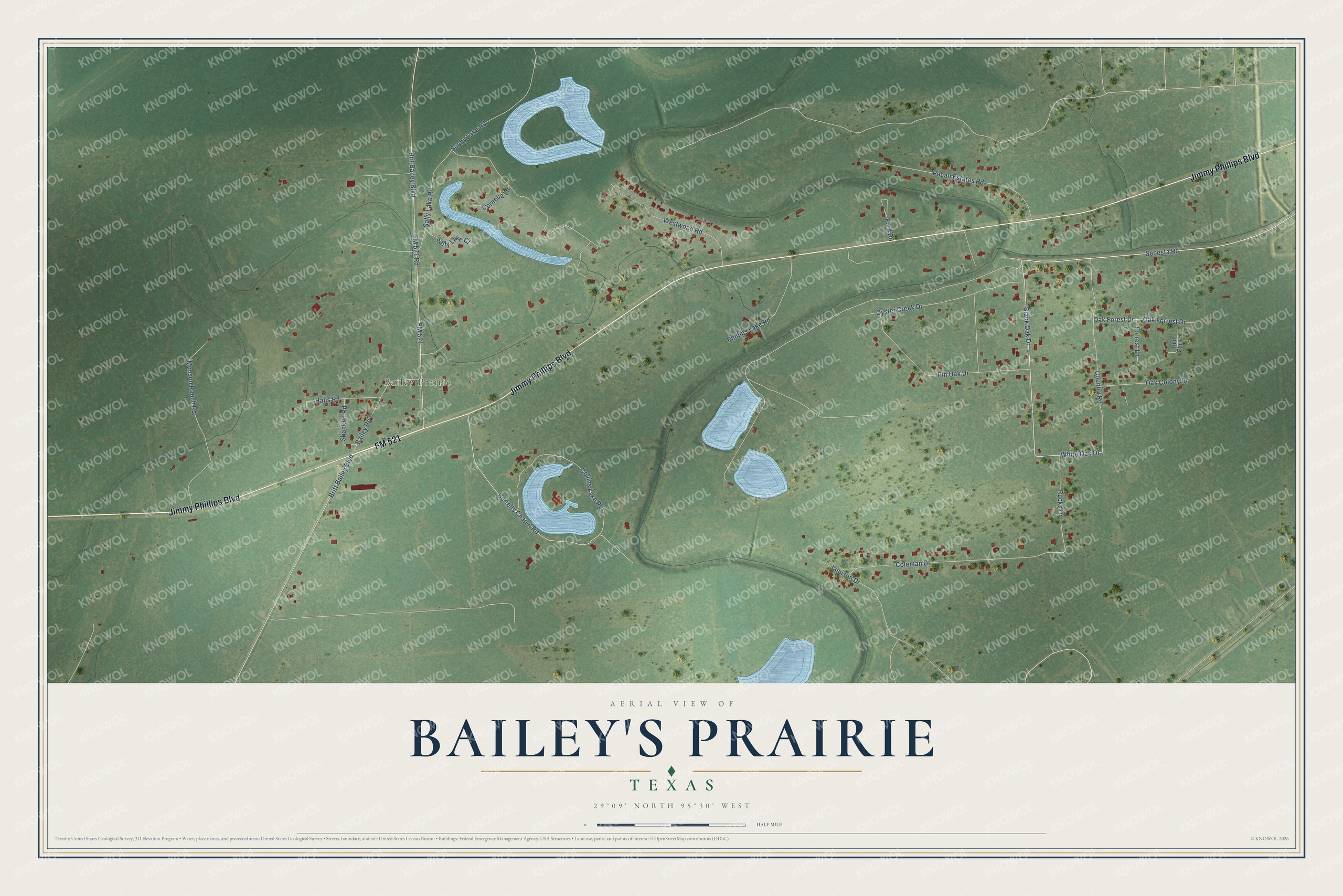 Full map of Bailey's Prairie, Texas, with red buildings, printed street names and the land around them