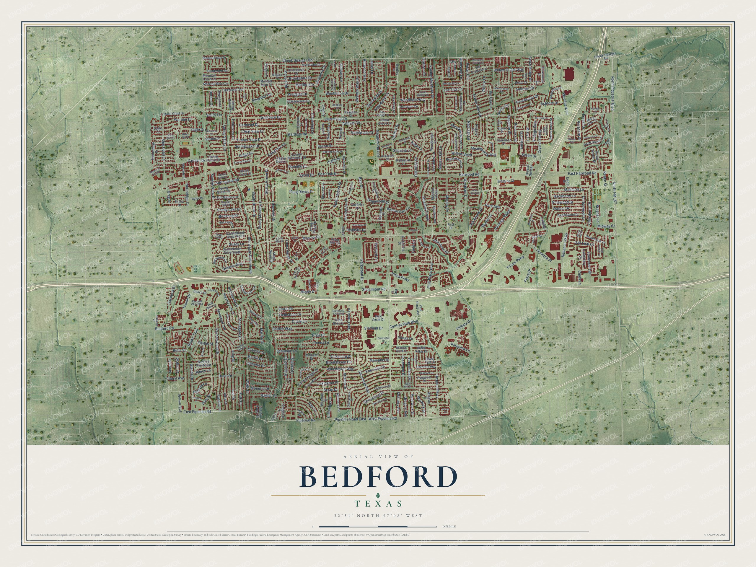 Watermarked full-map preview of Bedford, Texas