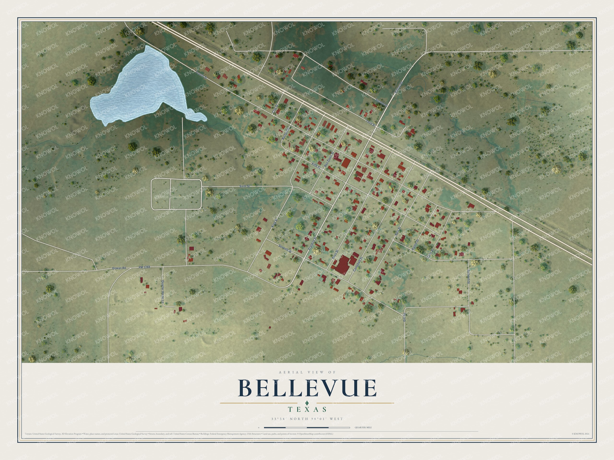Watermarked full-map preview of Bellevue, Texas