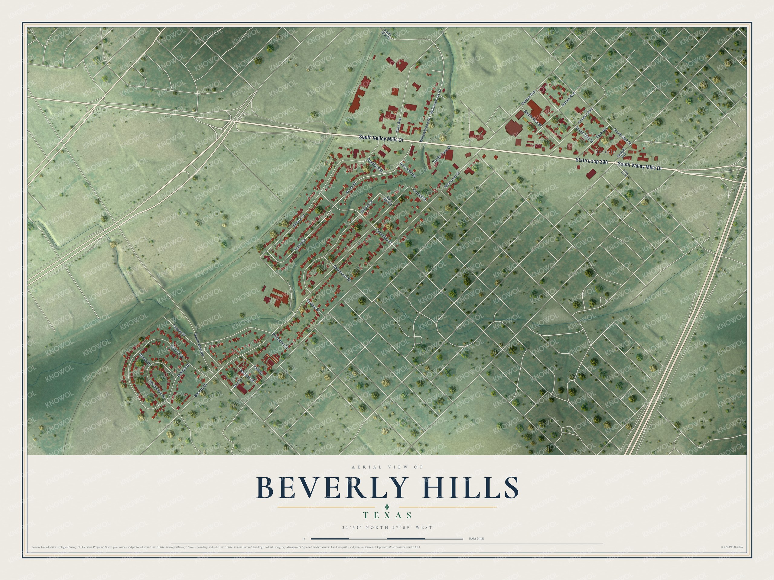 Watermarked full-map preview of Beverly Hills, Texas