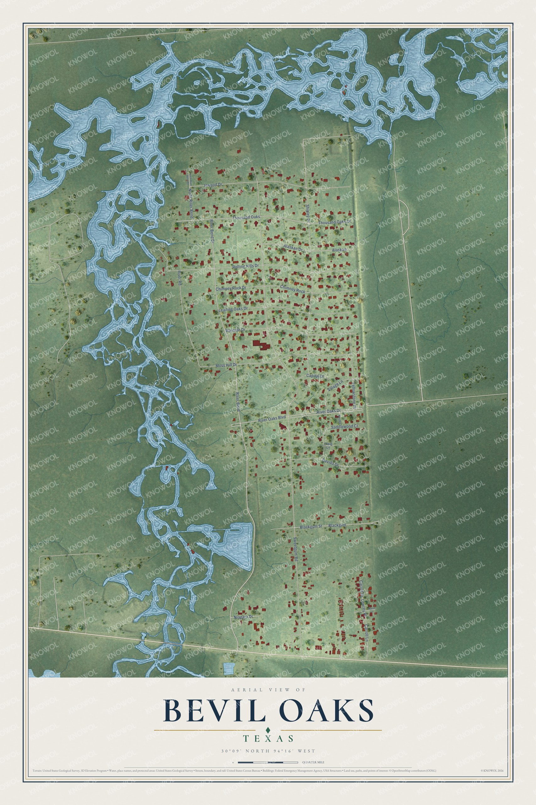 Full map of Bevil Oaks, Texas, with red buildings, printed street names and the land around them