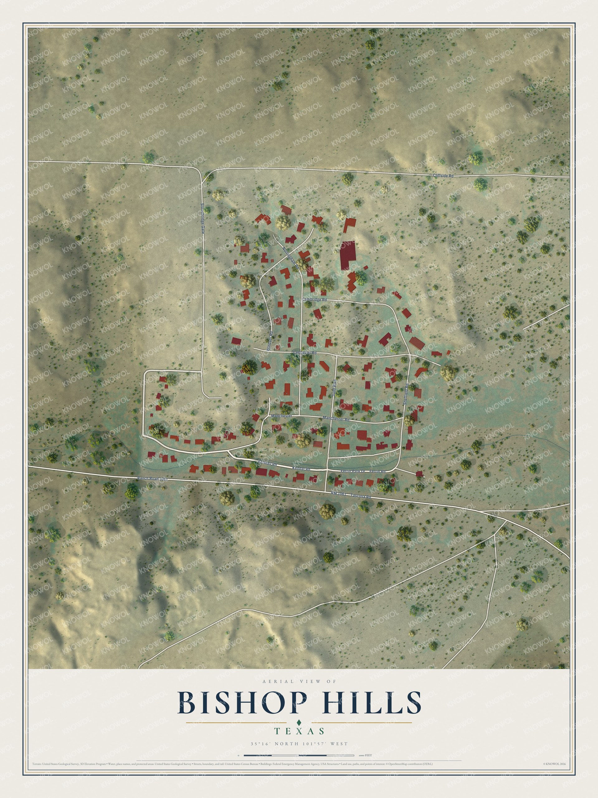 Full map of Bishop Hills, Texas, with red buildings, printed street names and the land around them