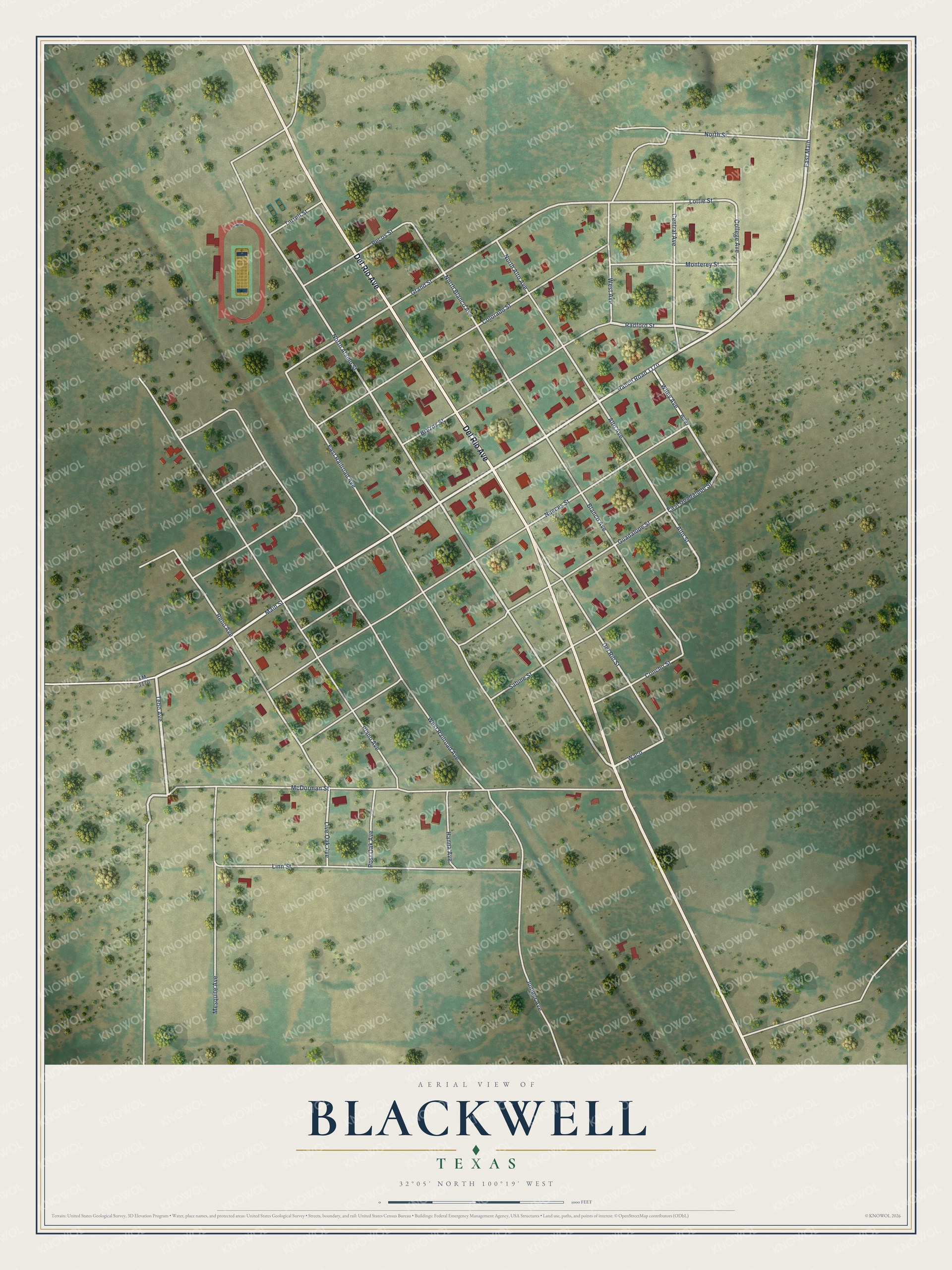 Full map of Blackwell, Texas, with red buildings, printed street names and the land around them