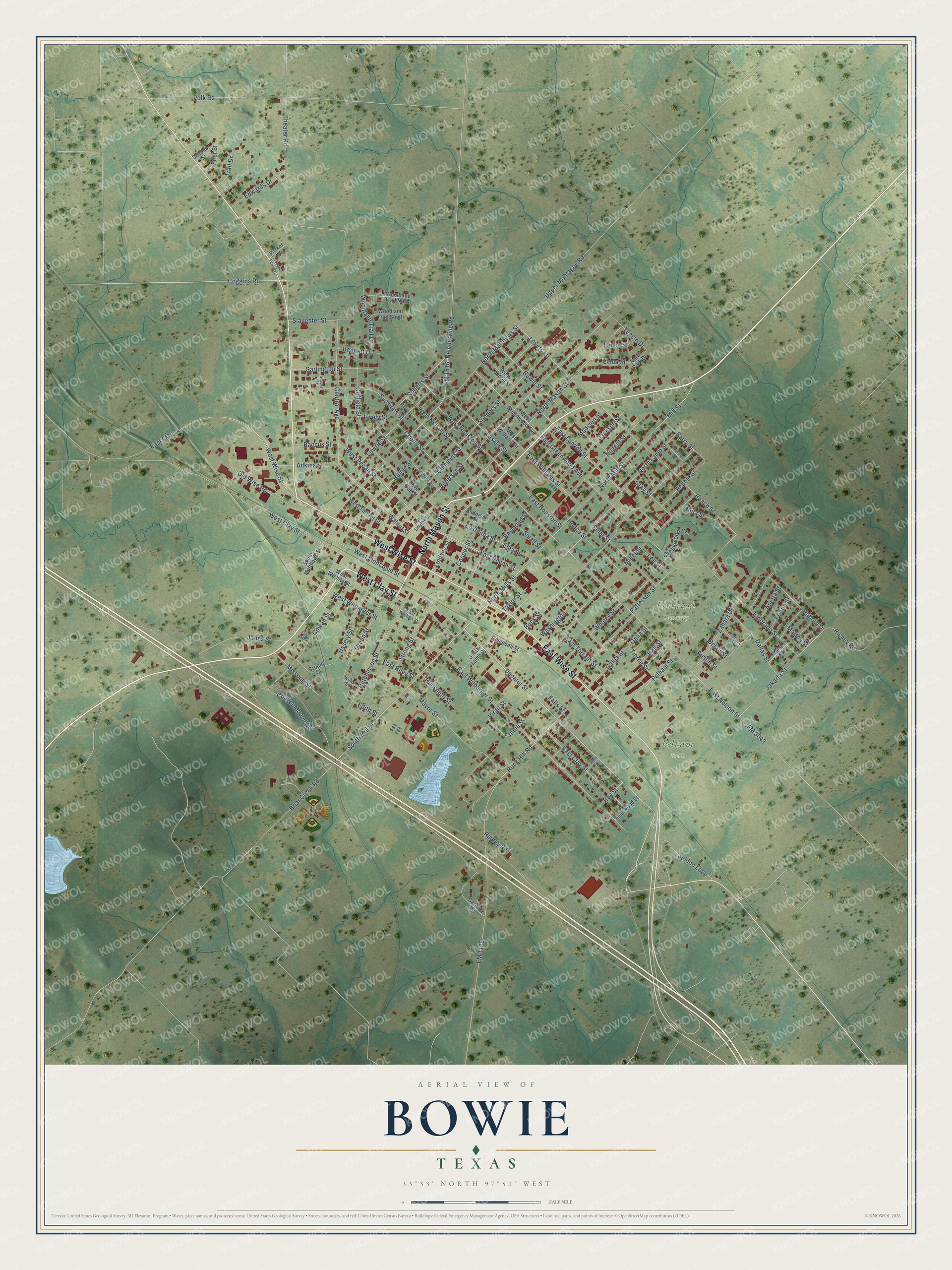 Watermarked full-map preview of Bowie, Texas