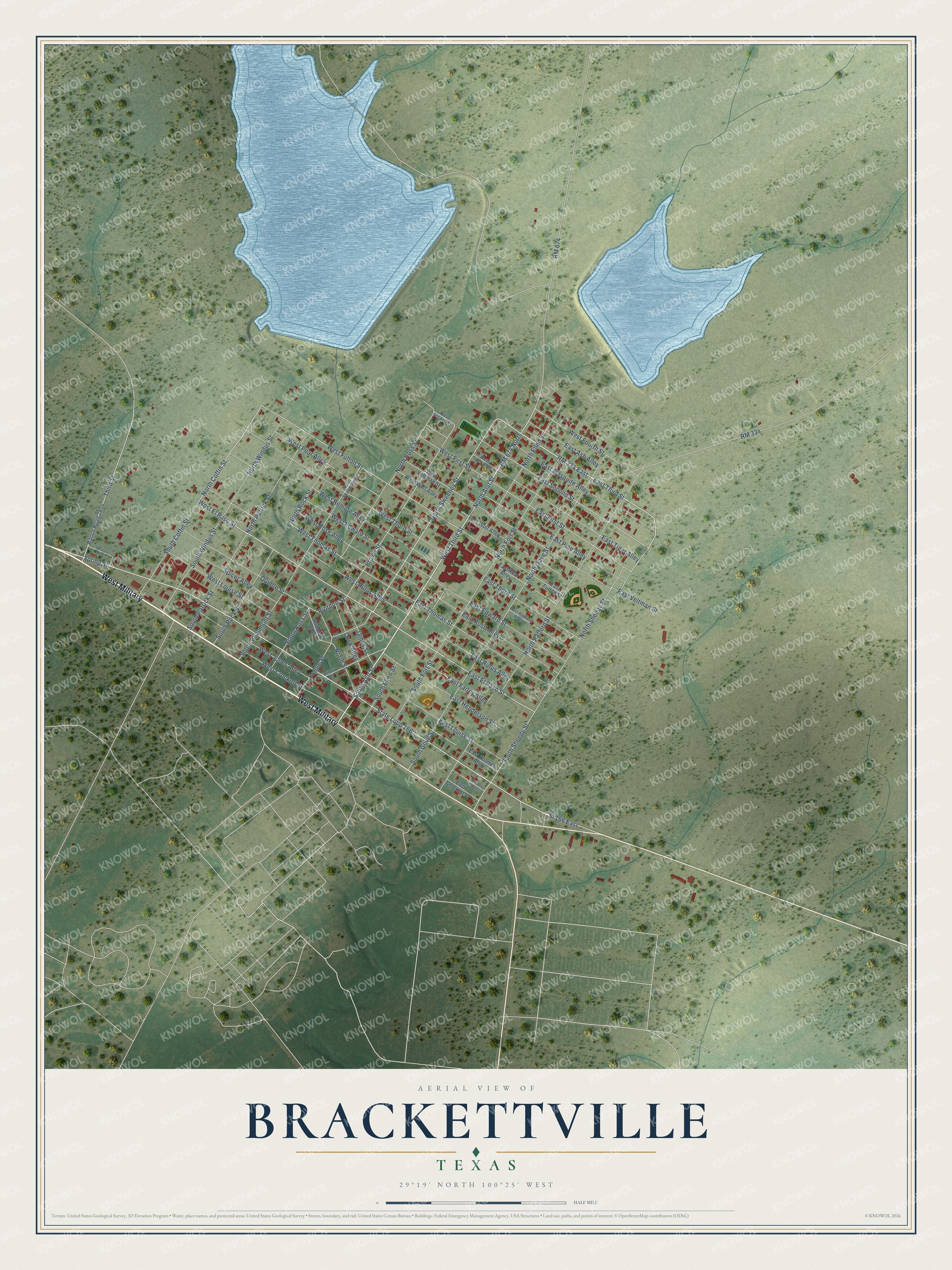 Full map of Brackettville, Texas, with red buildings, printed street names and the land around them