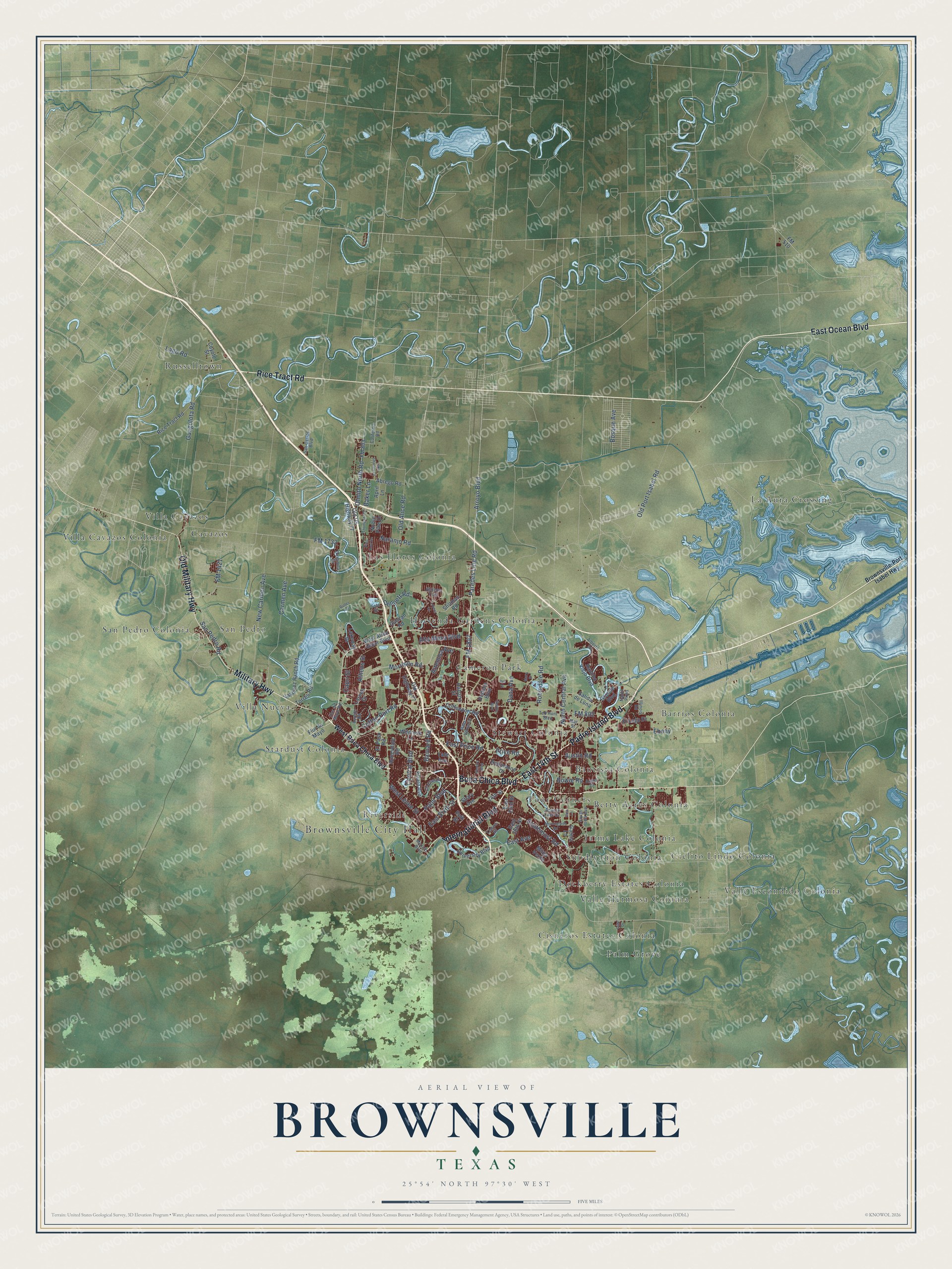 Full map of Brownsville, Texas, with red buildings, printed street names and the land around them