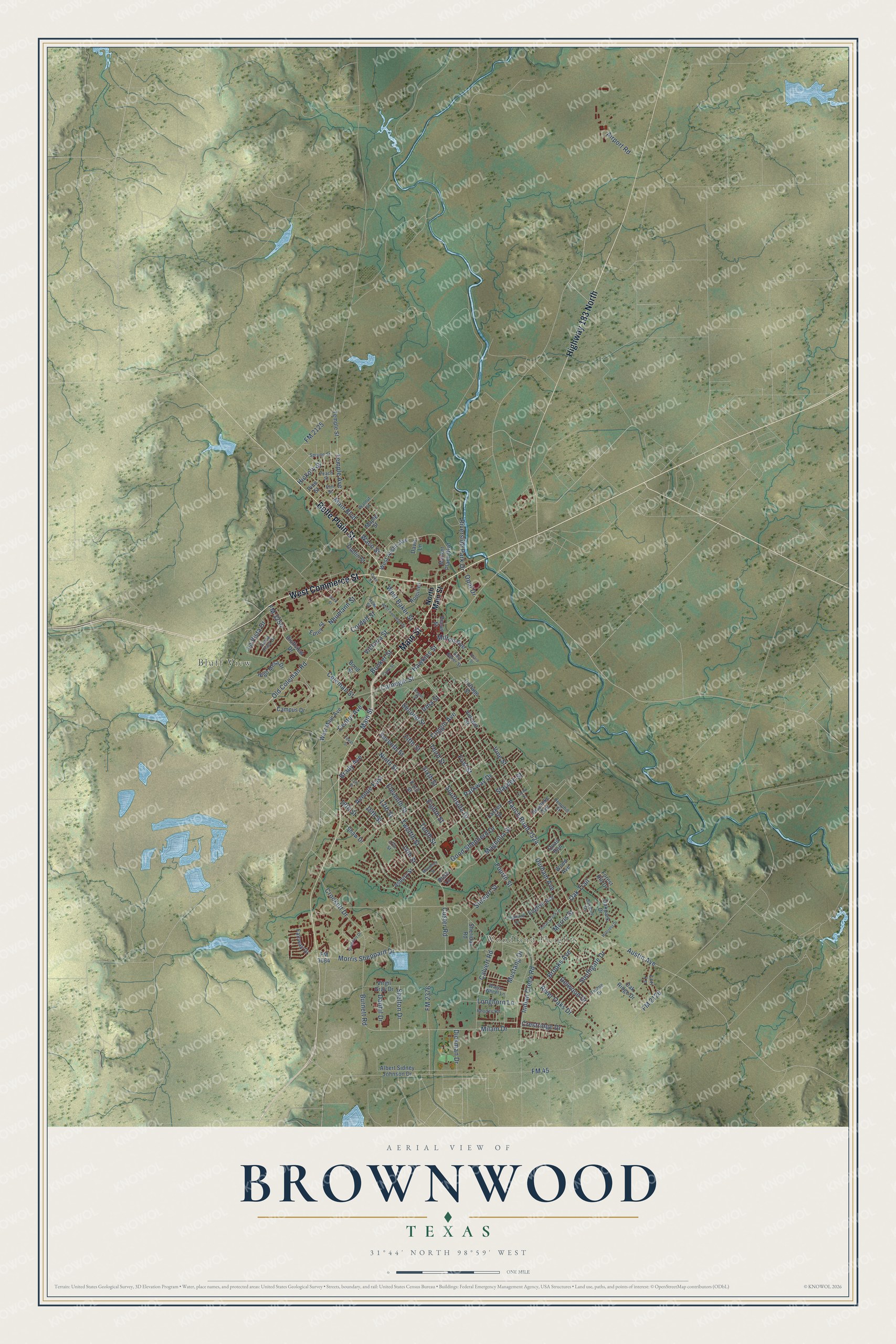 Full map of Brownwood, Texas, with red buildings, printed street names and the land around them