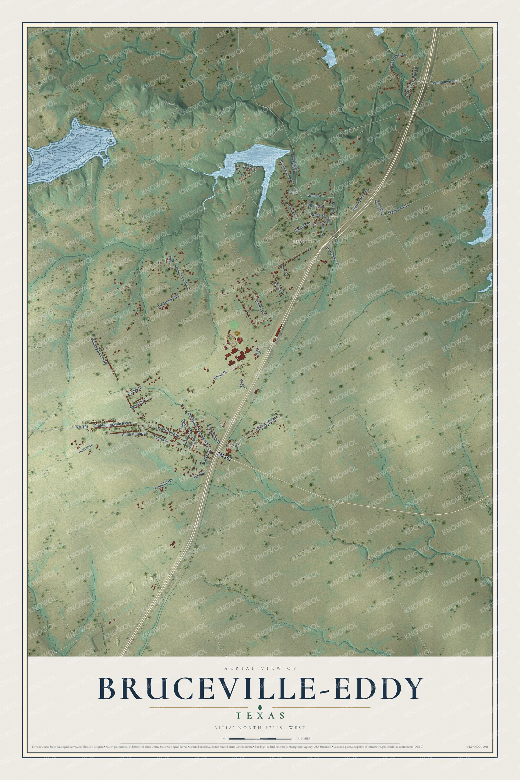 Full map of Bruceville-Eddy, Texas, with red buildings, printed street names and the land around them