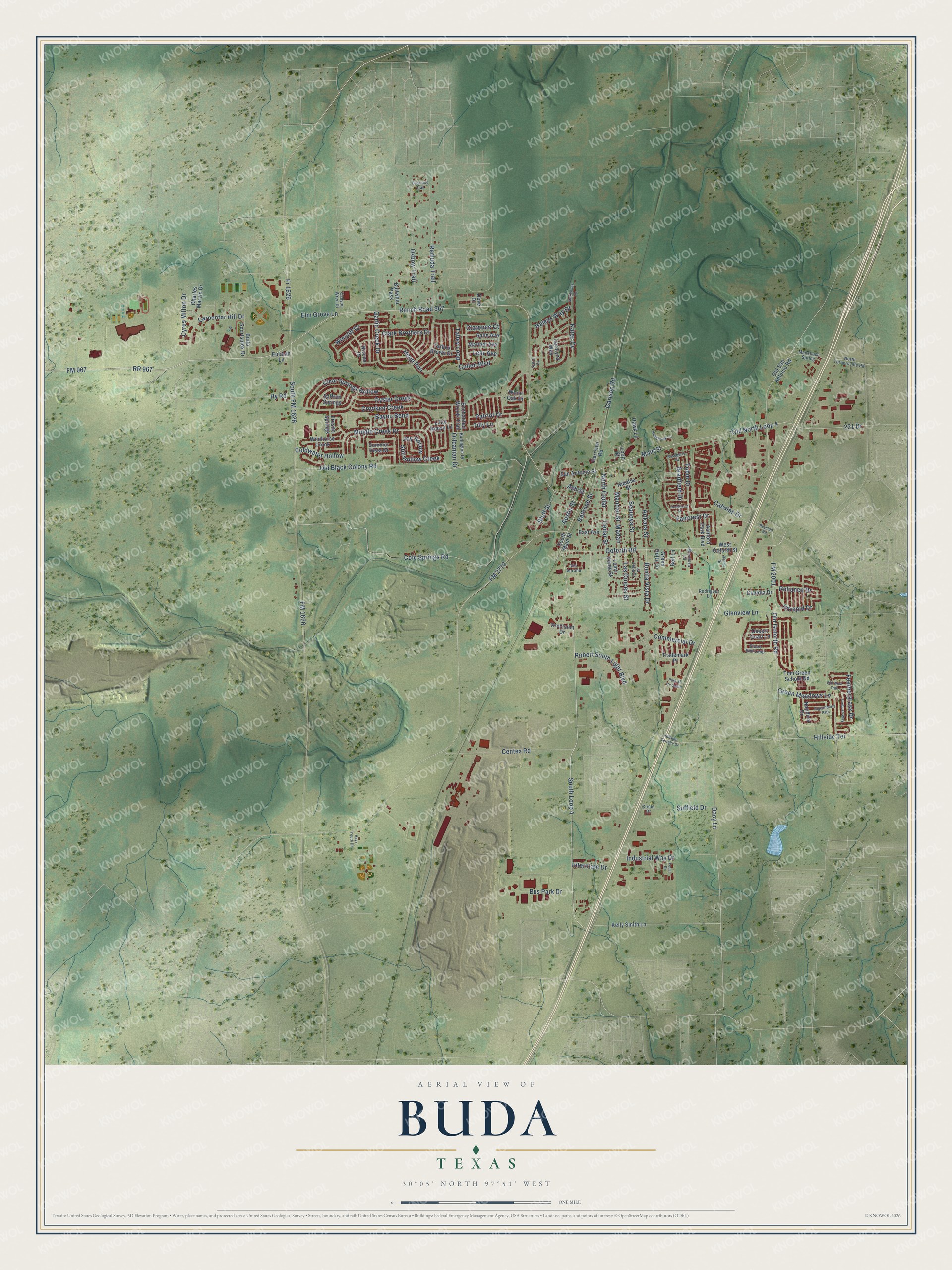 Full map of Buda, Texas, with red buildings, printed street names and the land around them