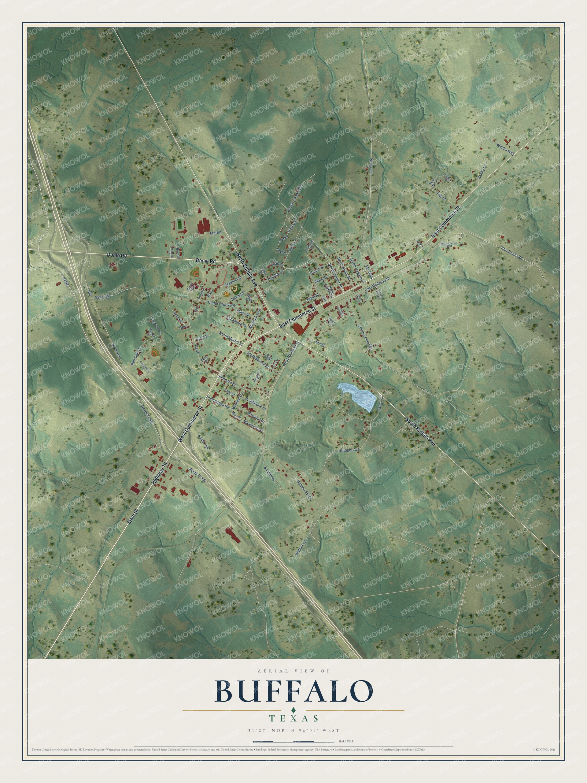 Full map of Buffalo, Texas, with red buildings, printed street names and the land around them