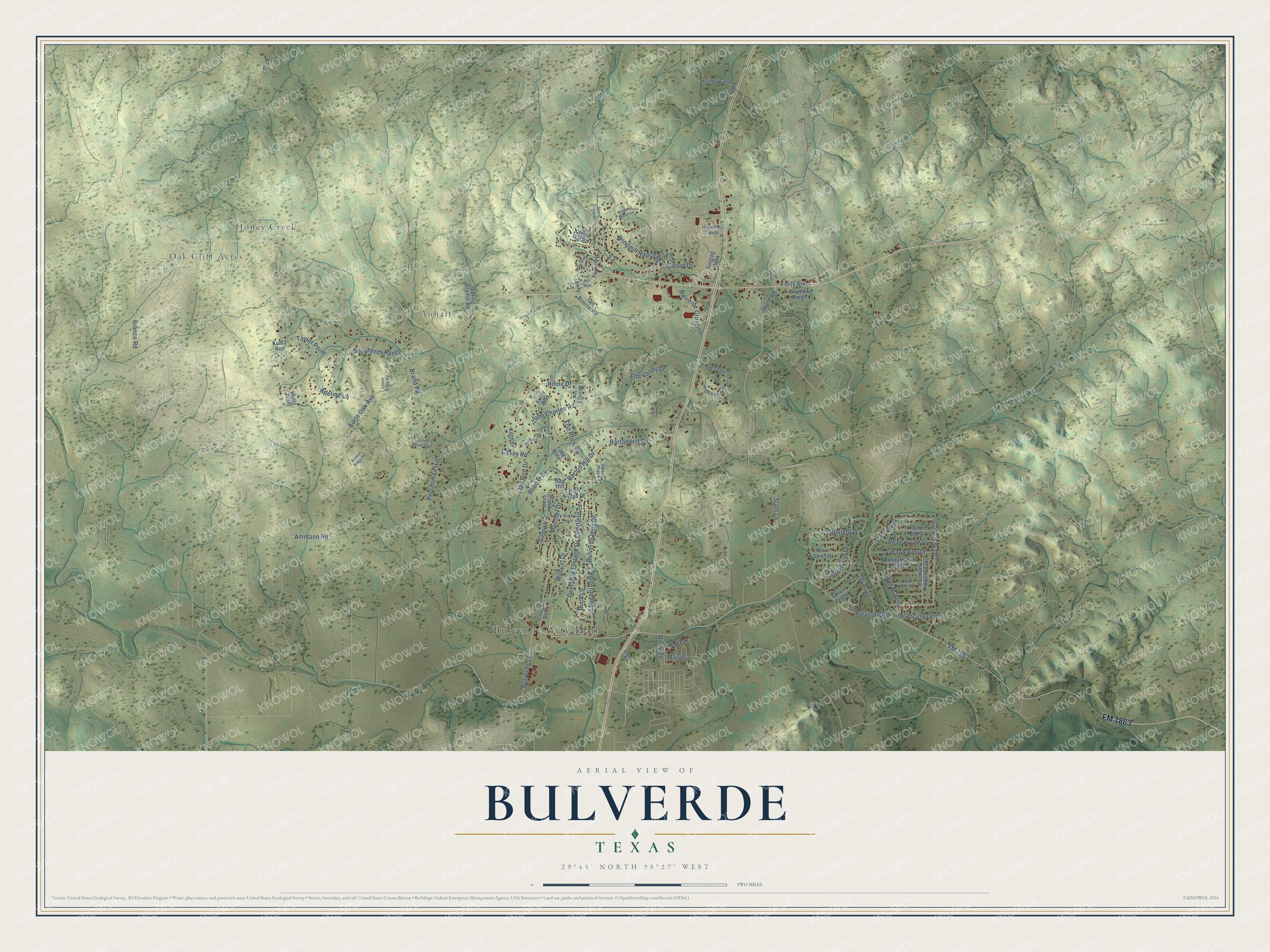 Full map of Bulverde, Texas, with red buildings, printed street names and the land around them
