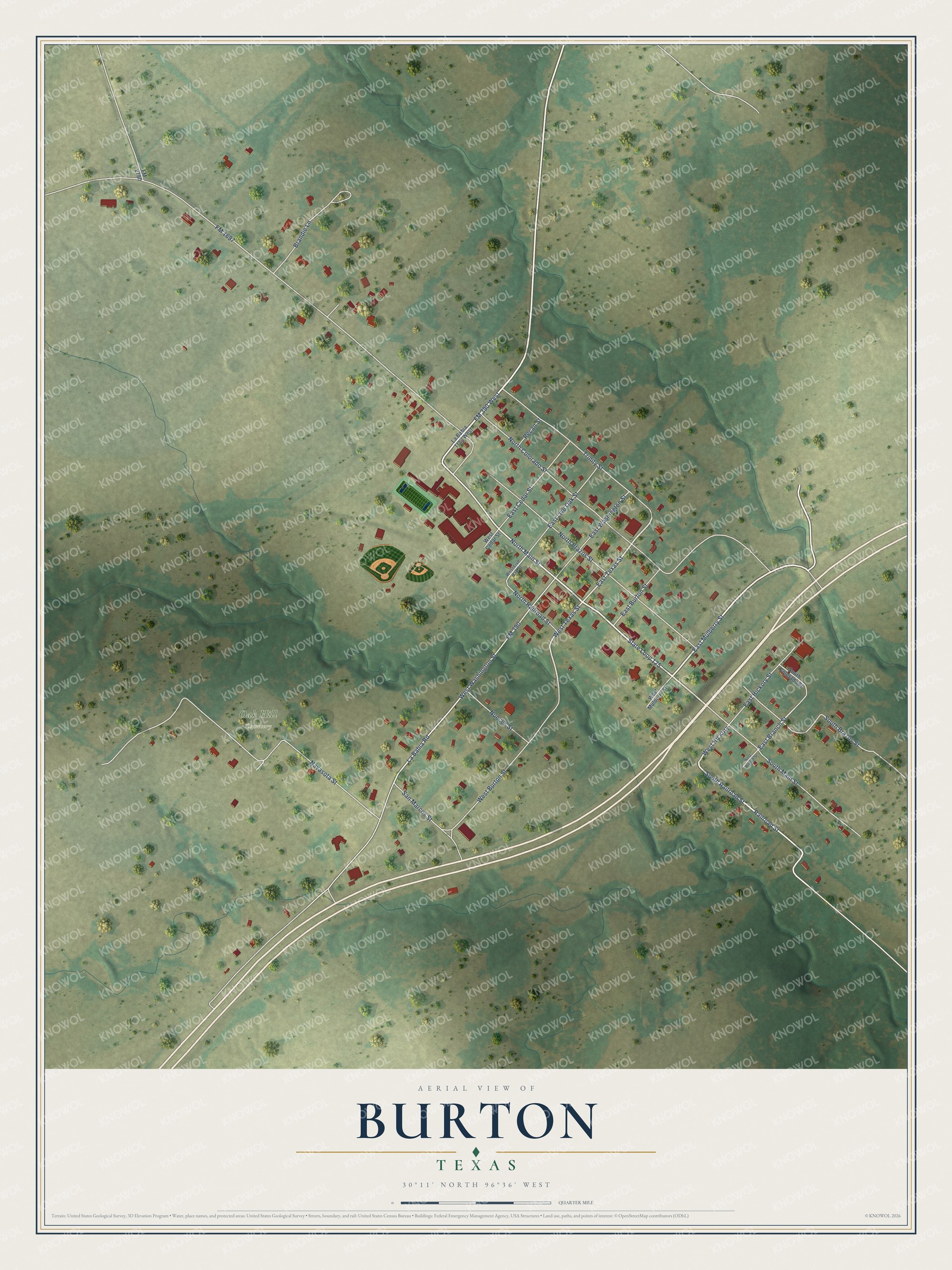 Full map of Burton, Texas, with red buildings, printed street names and the land around them
