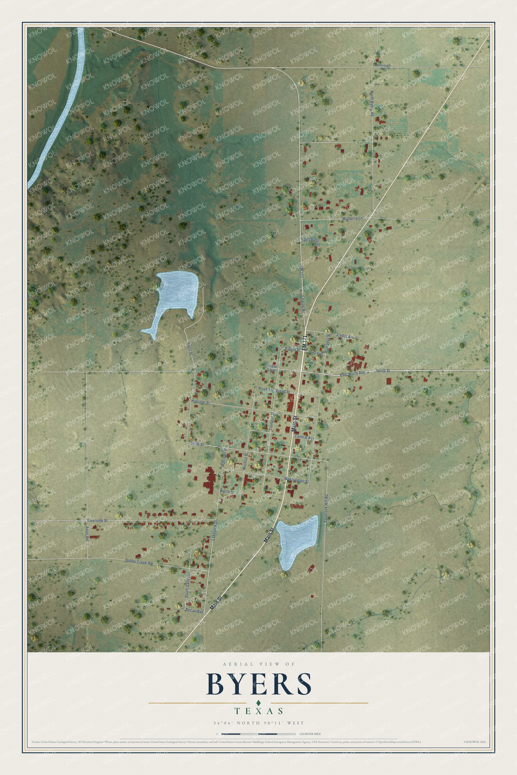 Full map of Byers, Texas, with red buildings, printed street names and the land around them