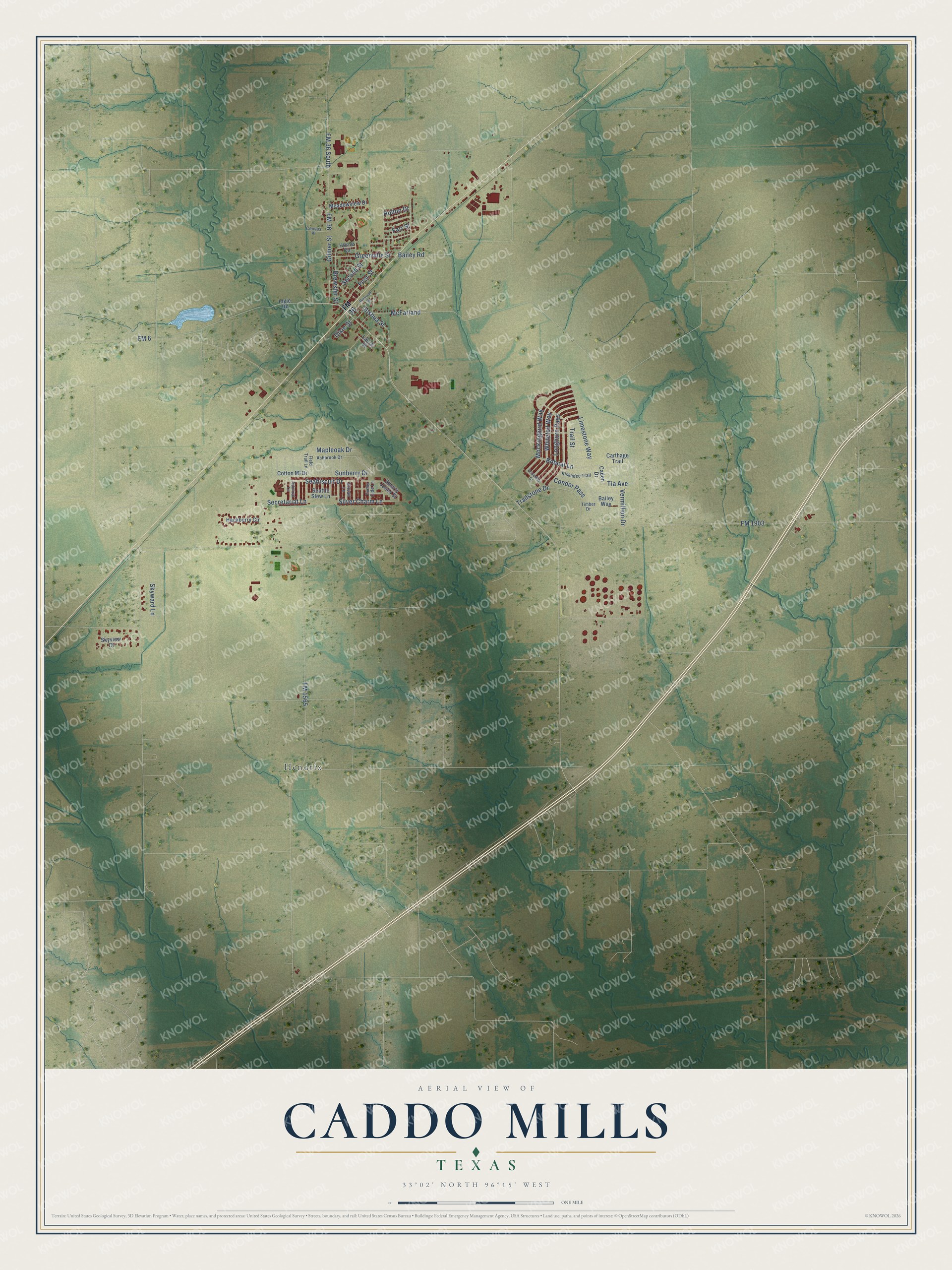 Full map of Caddo Mills, Texas, with red buildings, printed street names and the land around them