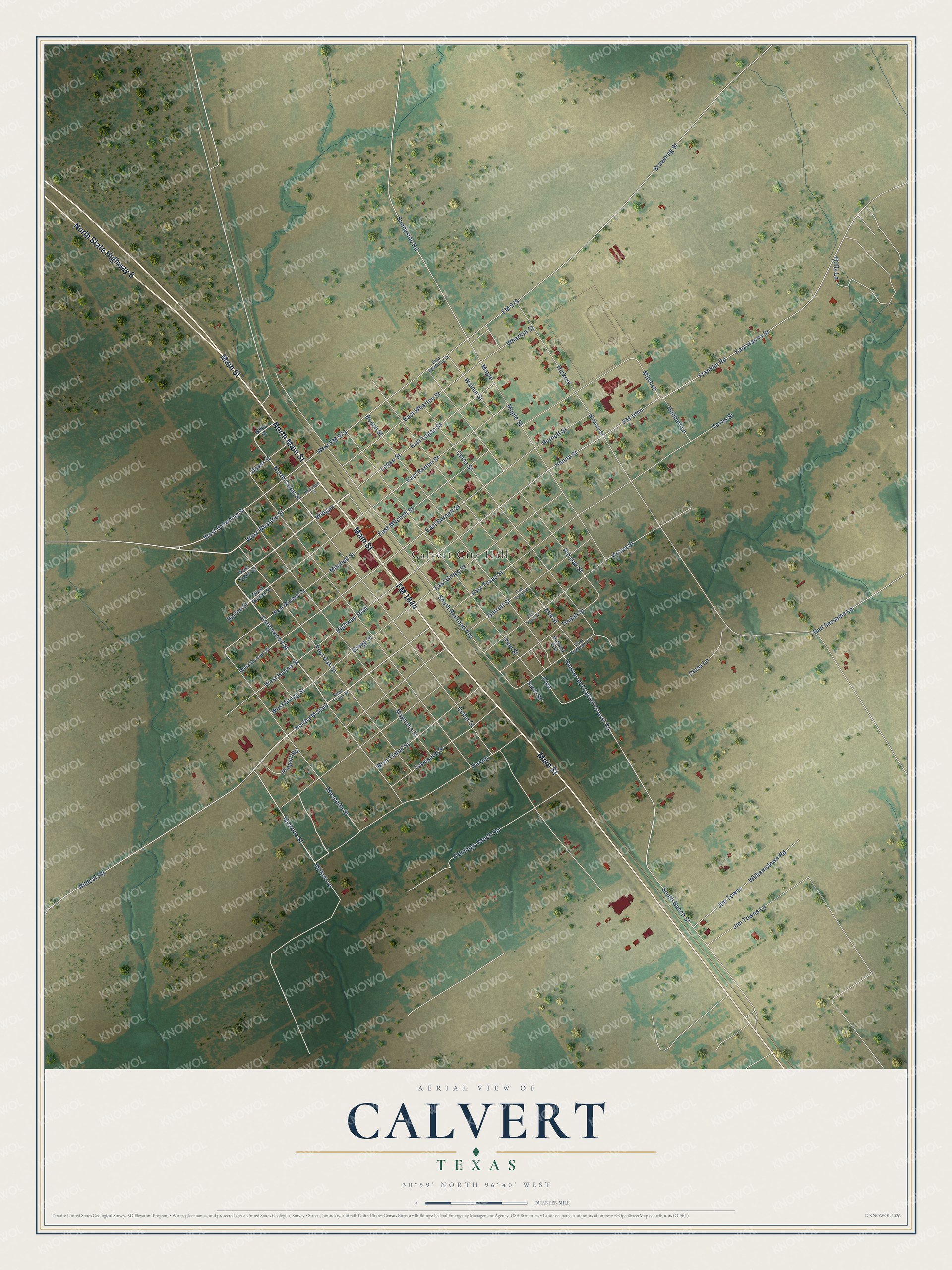 Watermarked full-map preview of Calvert, Texas