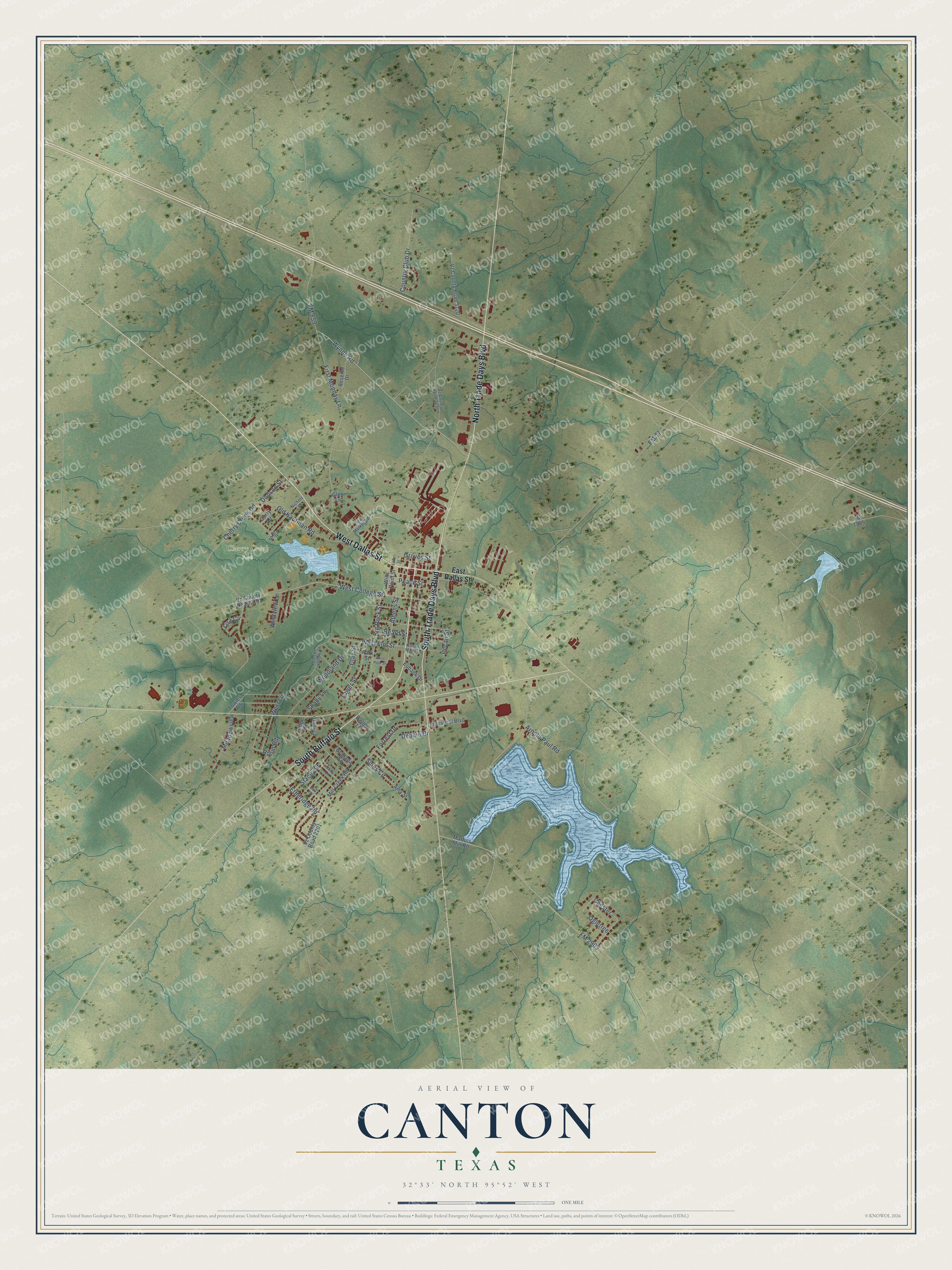 Full map of Canton, Texas, with red buildings, printed street names and the land around them