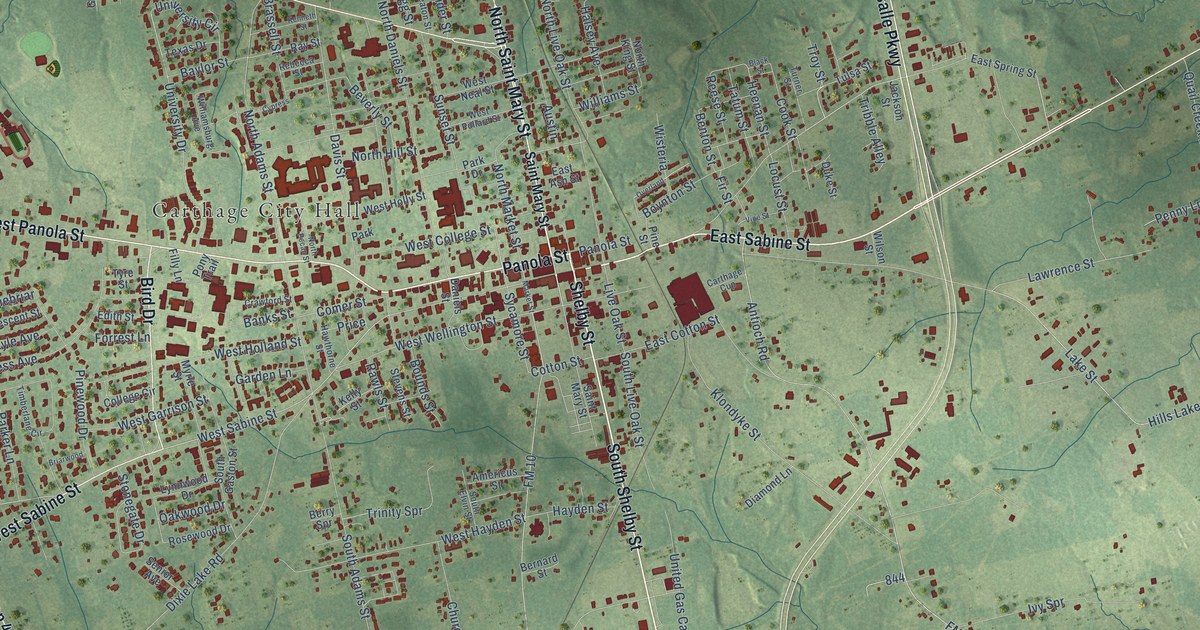 Map of Carthage, Texas in 2026