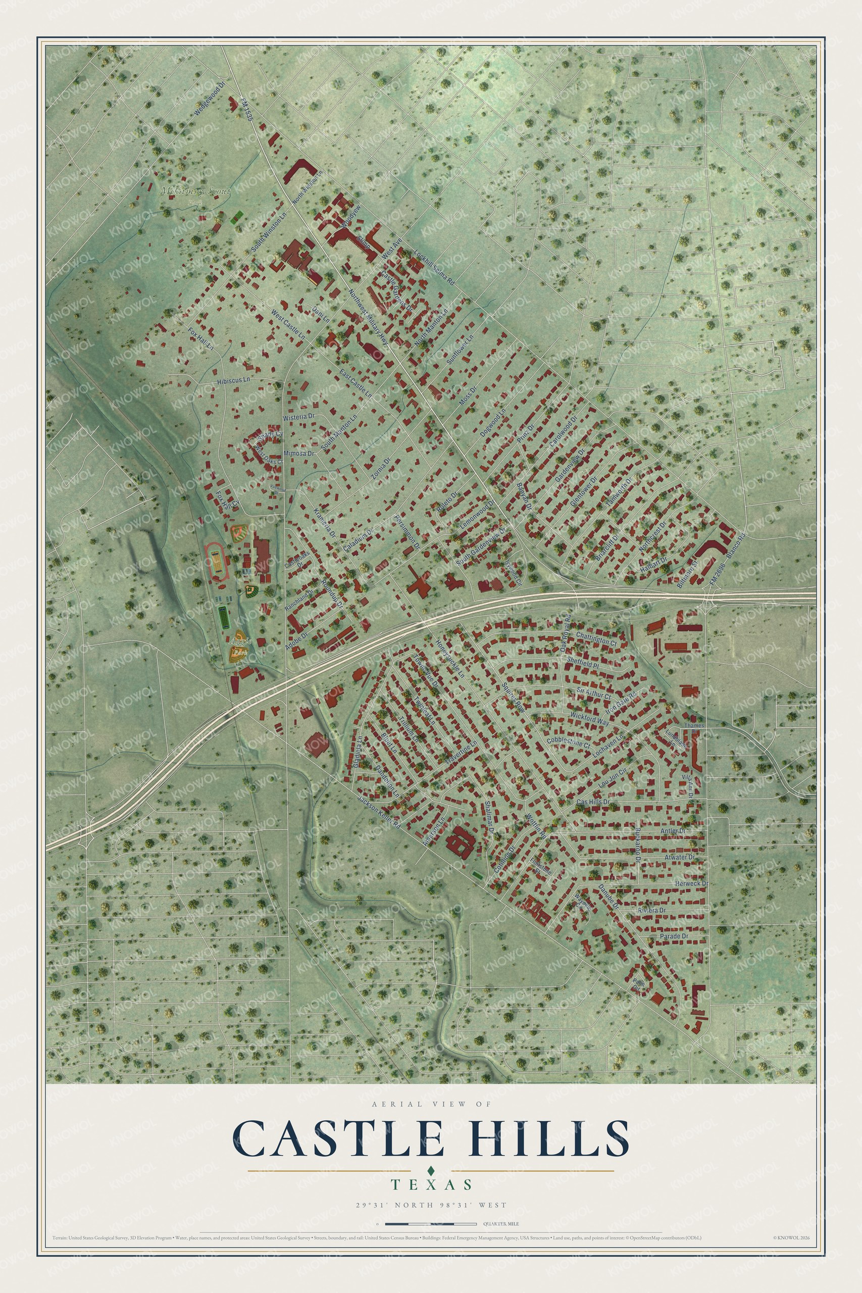 Watermarked full-map preview of Castle Hills, Texas
