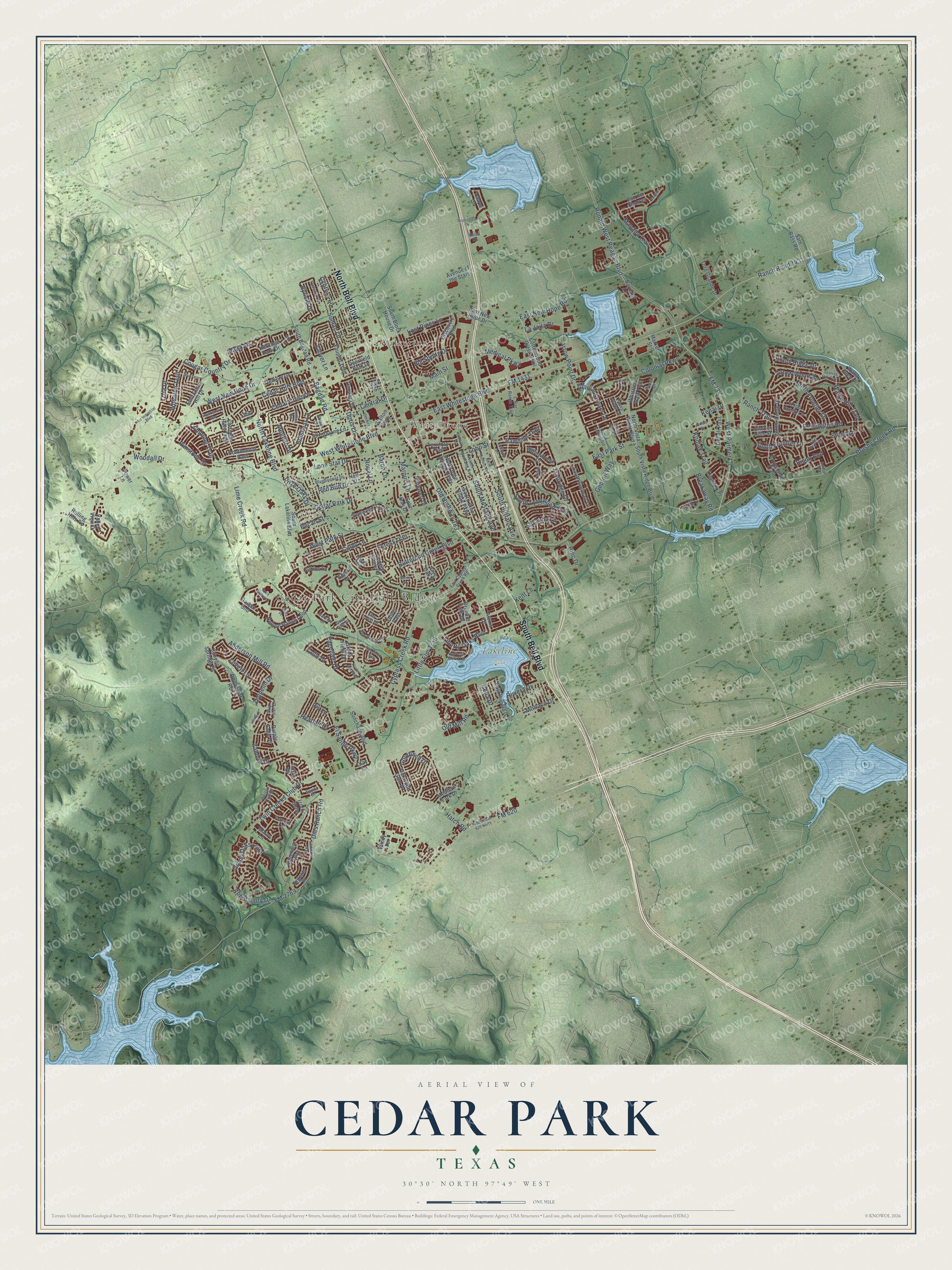Full map of Cedar Park, Texas, with red buildings, printed street names and the land around them