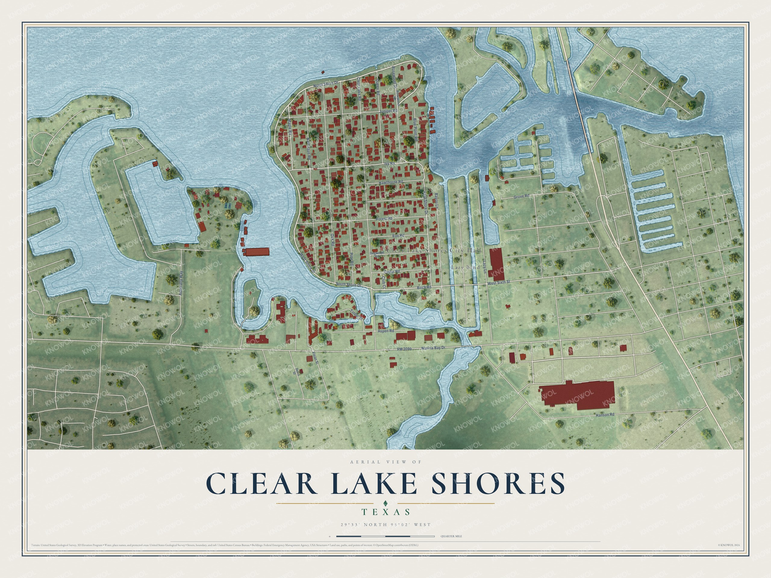 Full map of Clear Lake Shores, Texas, with red buildings, printed street names and the land around them